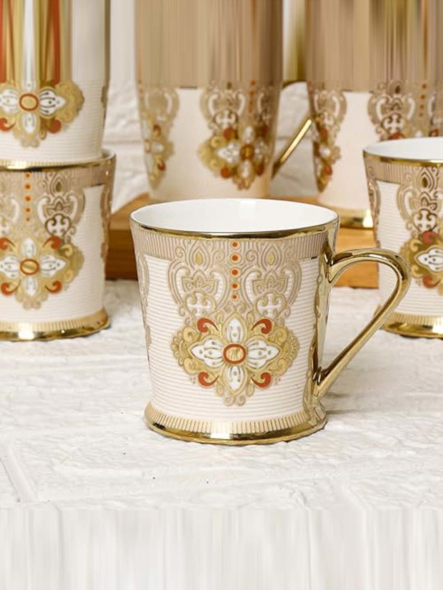 Femora Red & Imperial Gold Ceramic Tea Mugs (0.18 L) - Set of 6