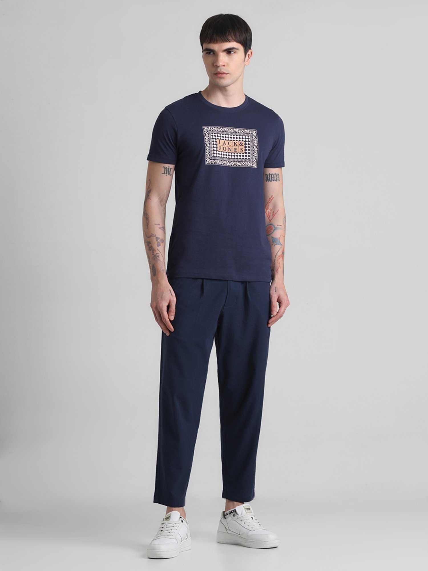 Jack & Jones Navy Blue Cotton Slim Fit Printed T-Shirt