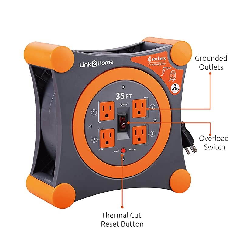 Cord Reel Extension Cord 4 Power Outlets 35 Feet Orange
