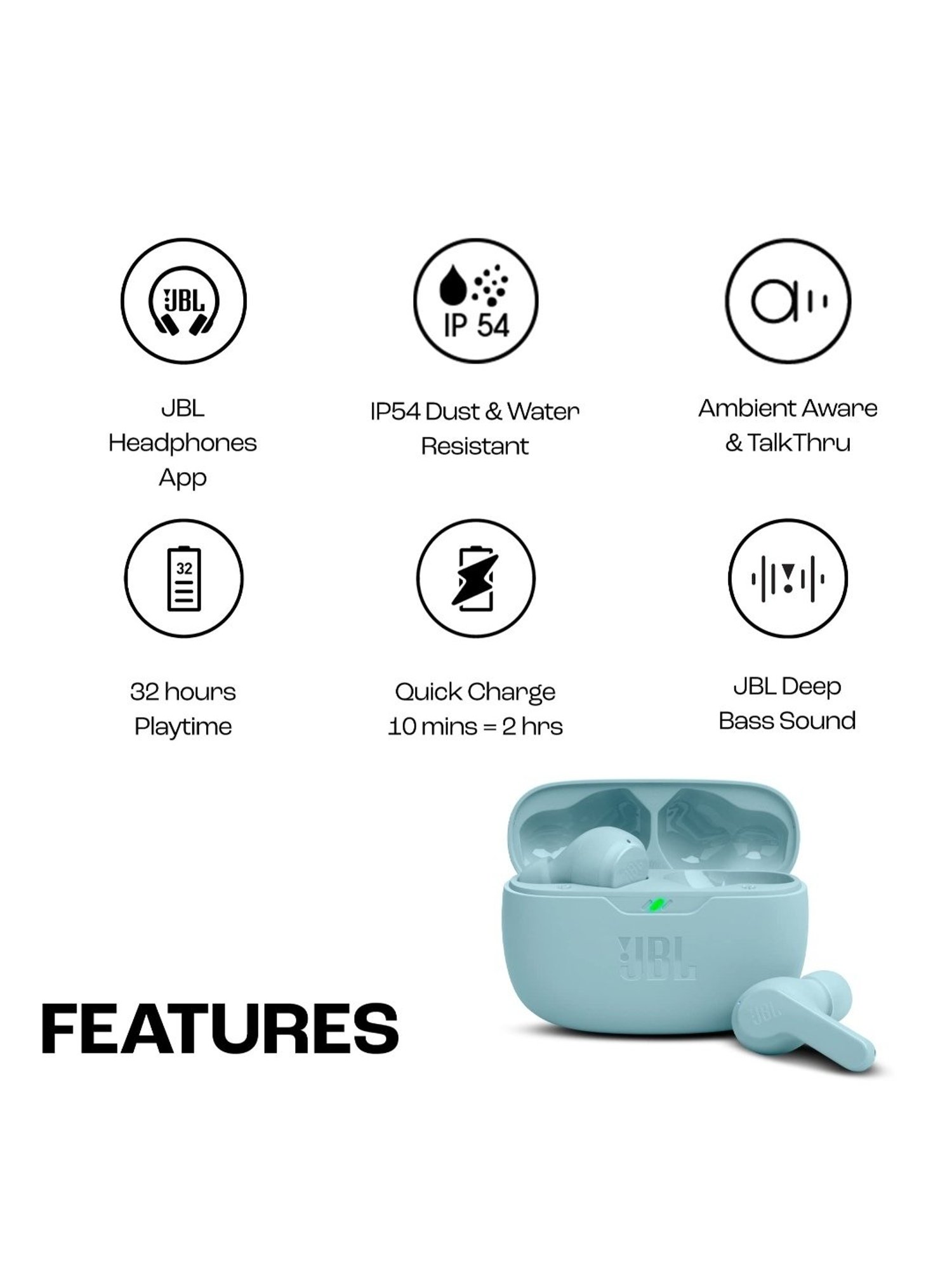 JBL Wave Beam in-Ear  with 32H Battery & Ip54 Water Resistance (Mint Blue, True Wireless)