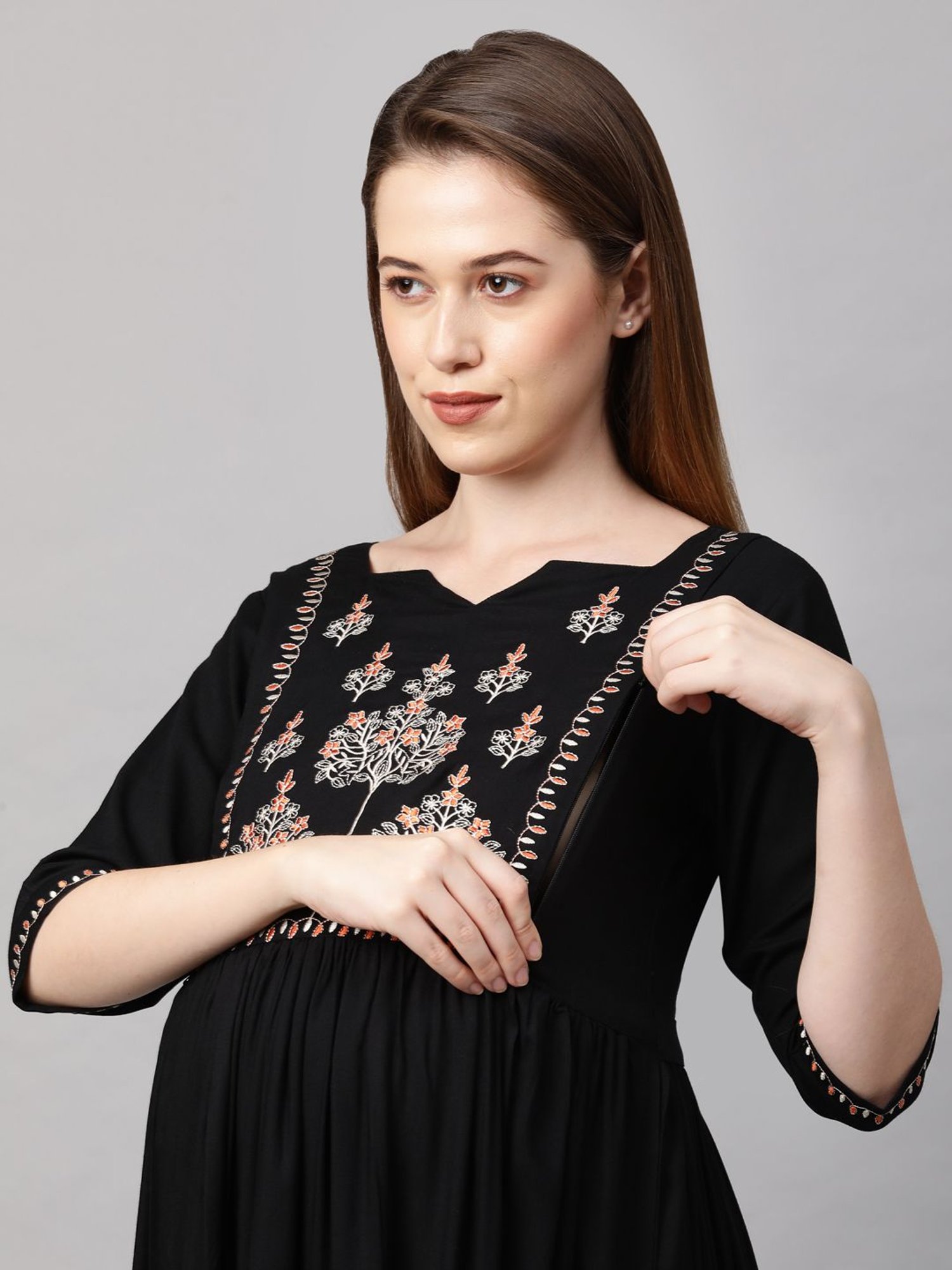 MomToBe Black Embroidered Maternity Kurta
