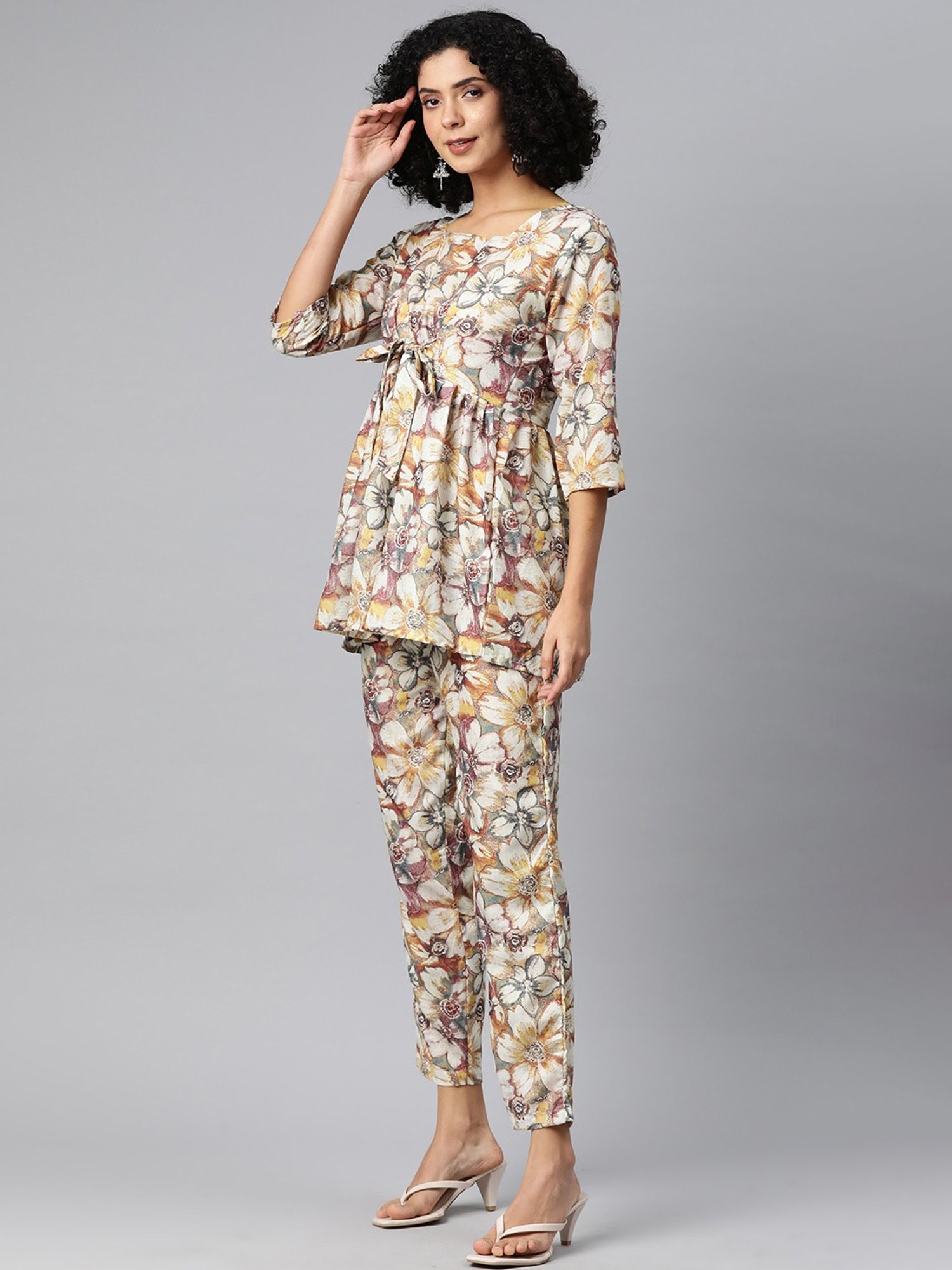 READIPRINT FASHIONS Beige Cotton Floral Print Top Pant Set