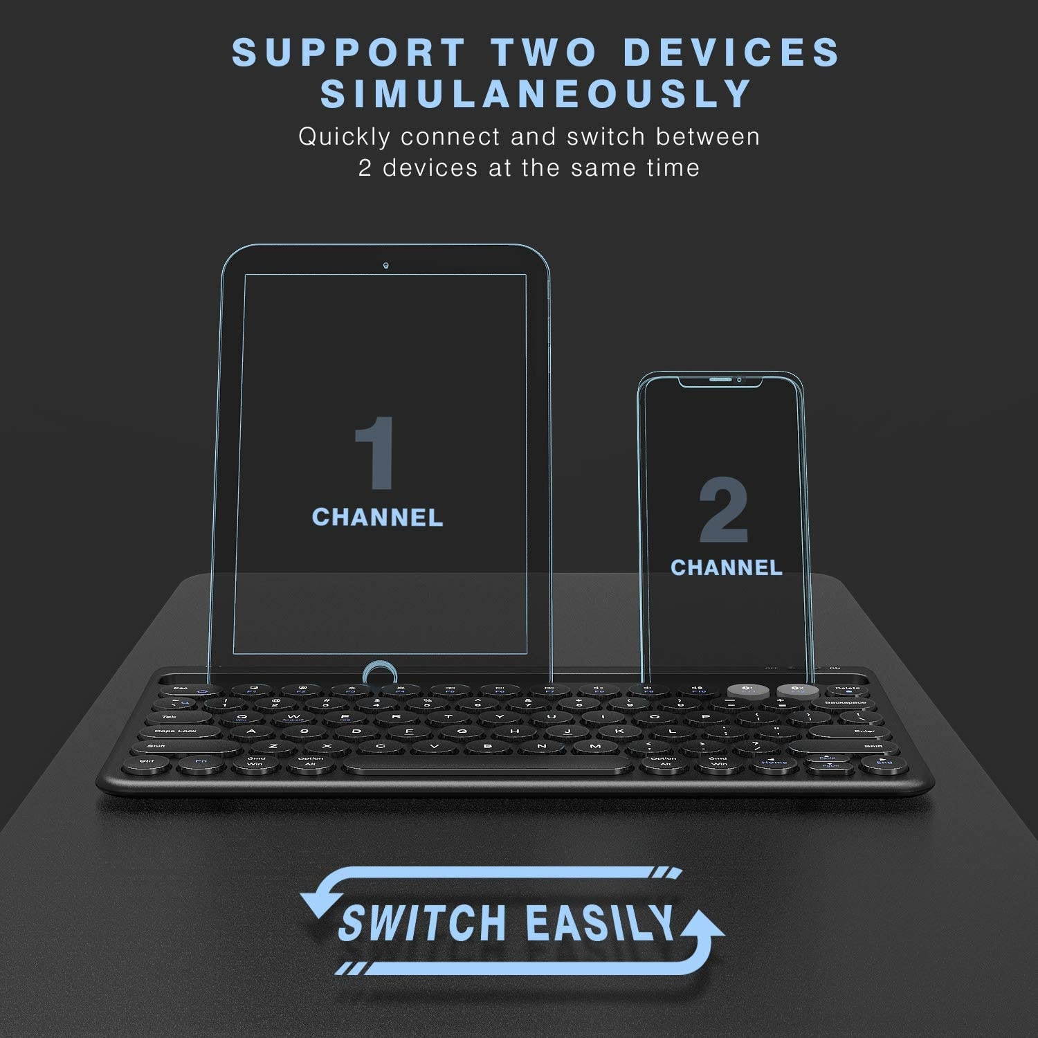 Multi-Device Bluetooth Keyboard, Jelly Comb Rechargeable Wireless Bluetooth Keyboard Switch to 2 Devices for Cellphone, Tablet, PC, Smart TV, MacBook iOS Android Windows-B046 (Black)