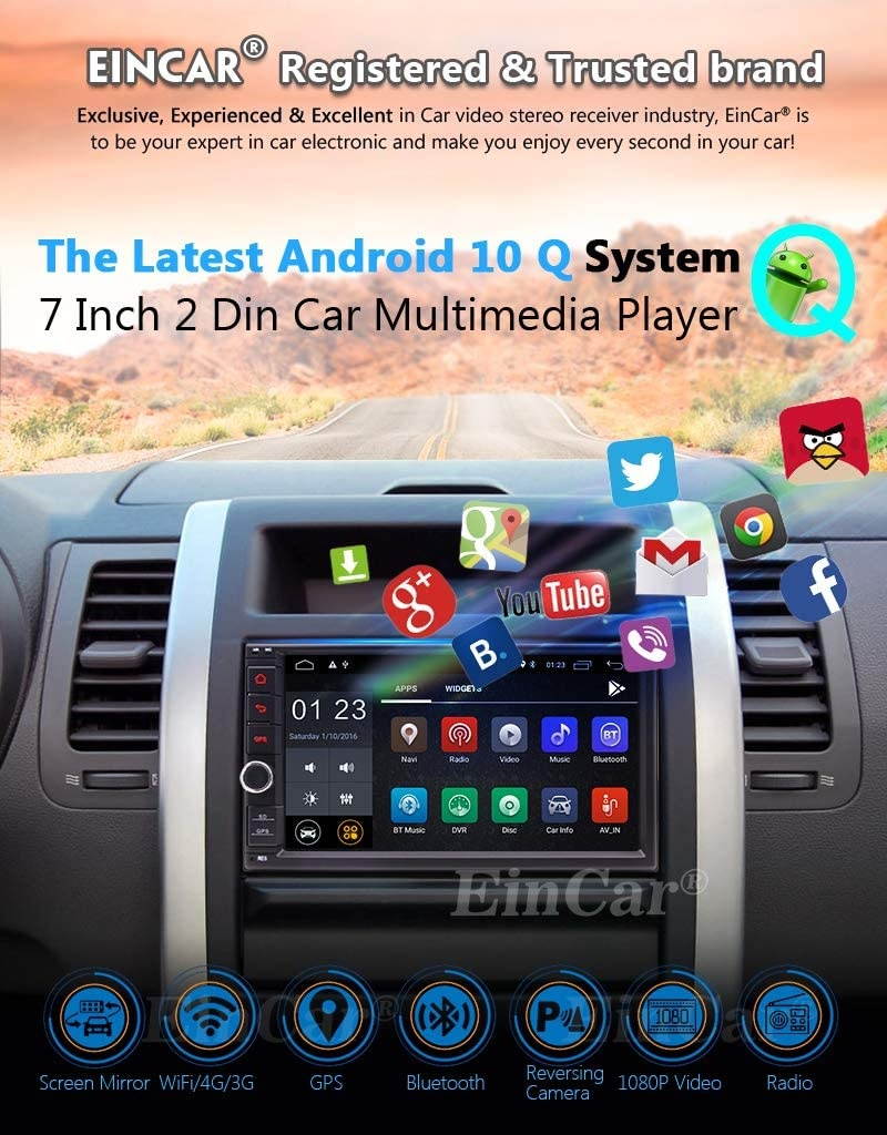 EinCar Double Din Stereo Touch Screen Car Radio Android 10.0 GPS Navigation Bluetooth 7" Digital Capacitive Touchscreen No-DVD Car Player 1G RAM+16G ROM Wifi/4G/HD 1080P Video/Mirror Link/SWC