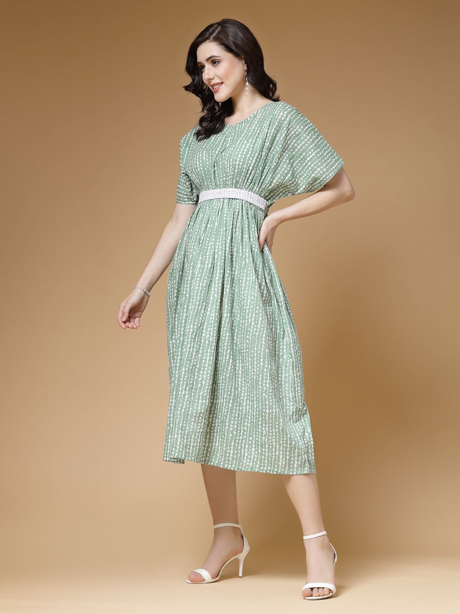 Indibelle Green Cotton Striped Ethnic Dress
