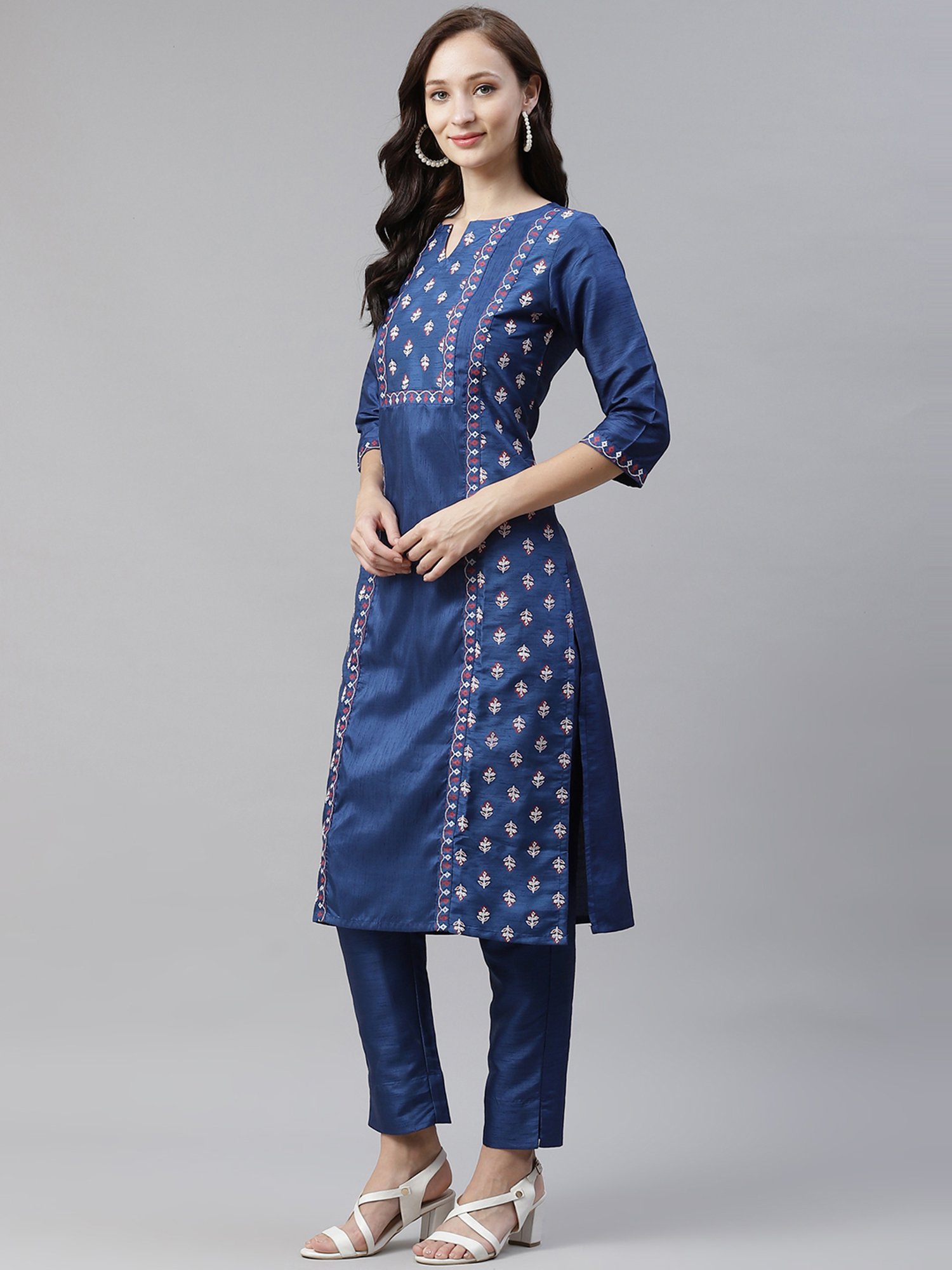 Ziyaa Blue & Gold Floral Print Kurta Pant Set