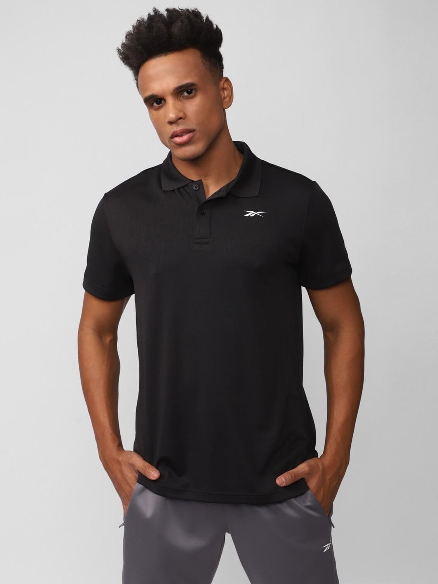 Reebok Mid Black Regular Fit Texture Polo T-Shirt