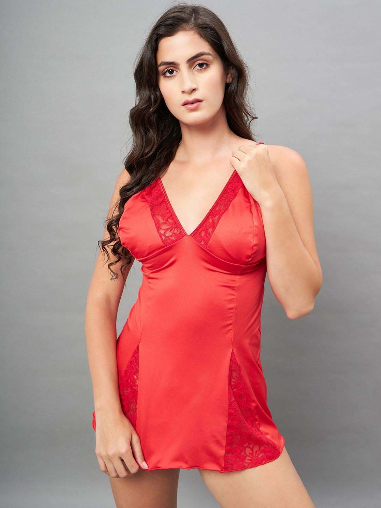 Secrets By ZeroKaata Pink & Maroon Lace Work Babydoll with Panty - Pack Of 3