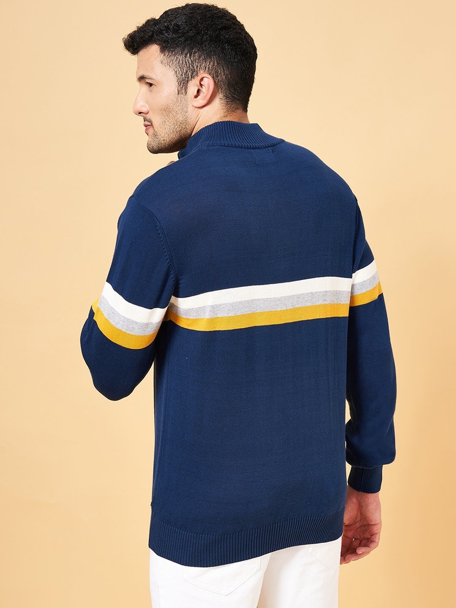 Byford by Pantaloons Blue Cotton Slim Fit Striped Sweater