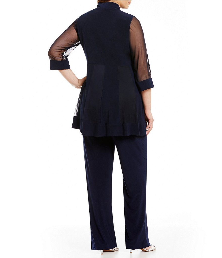 R & M Richards Plus Size Scoop Neck 3/4 Sleeve Beaded Detail Top & Sheer Knit Jacket 2-Piece Pull-On Pant Set