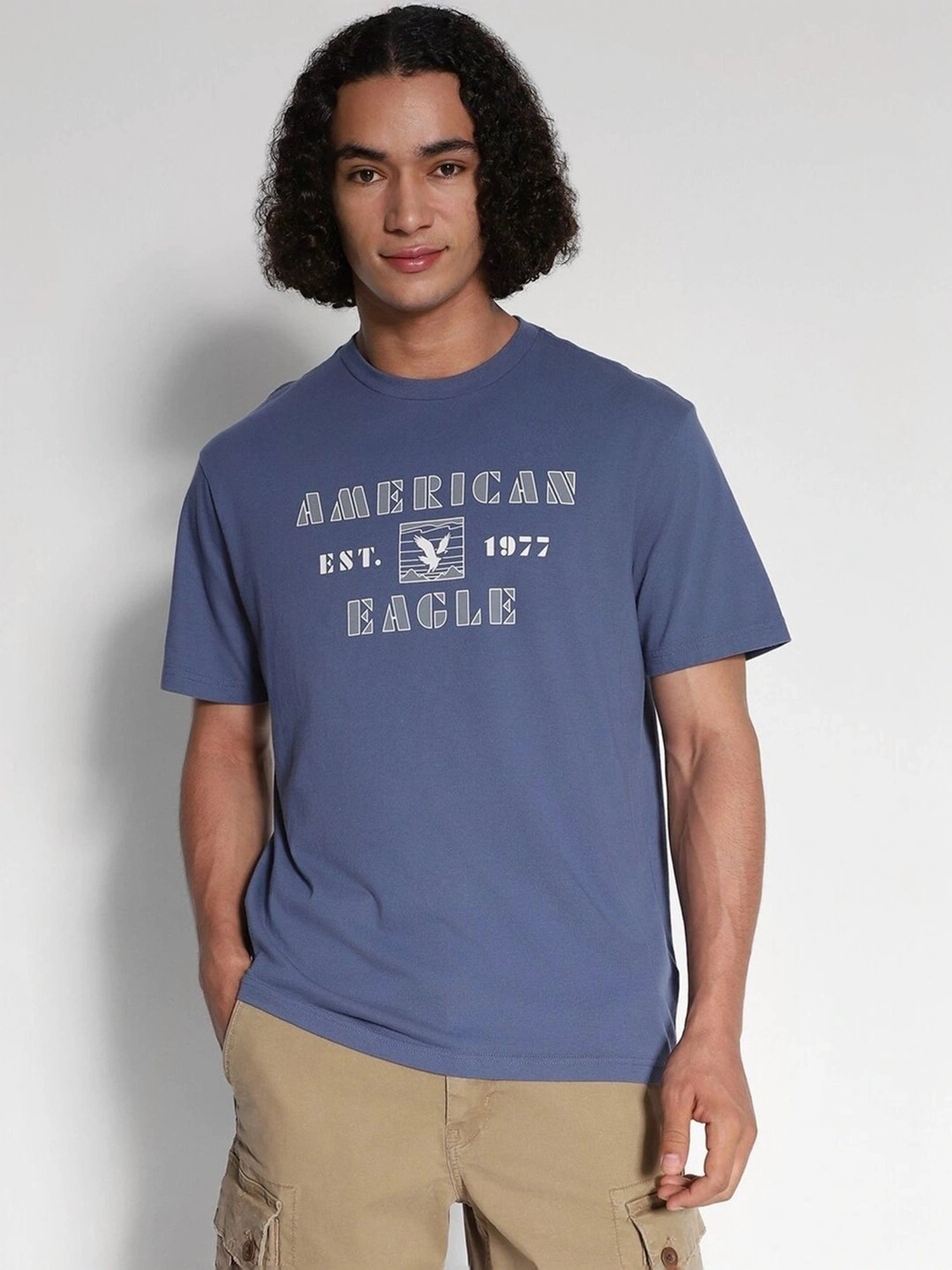 American Eagle Blue Cotton Regular Fit Printed T-Shirt