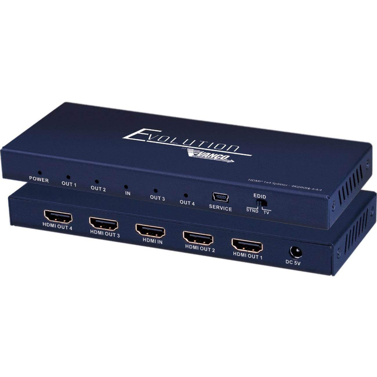 Vanco - EVSP4K14 - Vanco Evolution Premium 4K HDMI 1x4 Splitter - 4096 x 2160 - HDMI In - HDMI Out