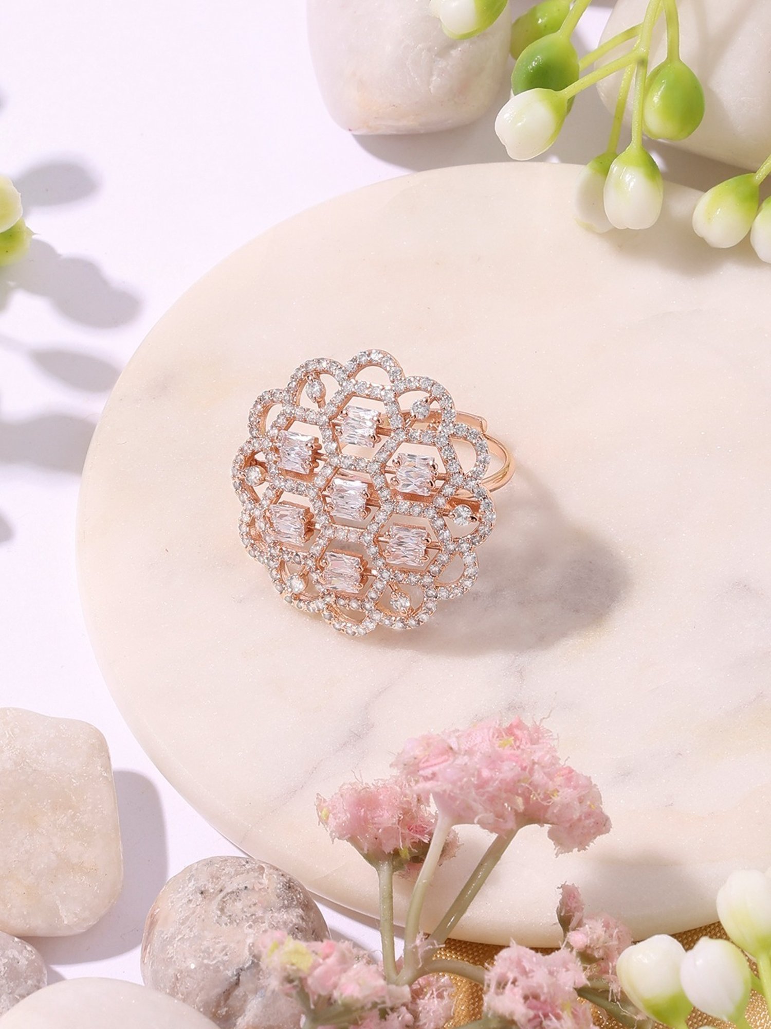 Zaveri Pearls Rose Gold Dazzling Cubic Zirconia Party Bling Adjustable Finger Ring-ZPFK16893