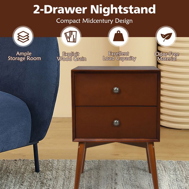 Costway 2PCS Nightstand Mid-Century End Side Table 2 Drawer Rubber Wood Legs Living Room
