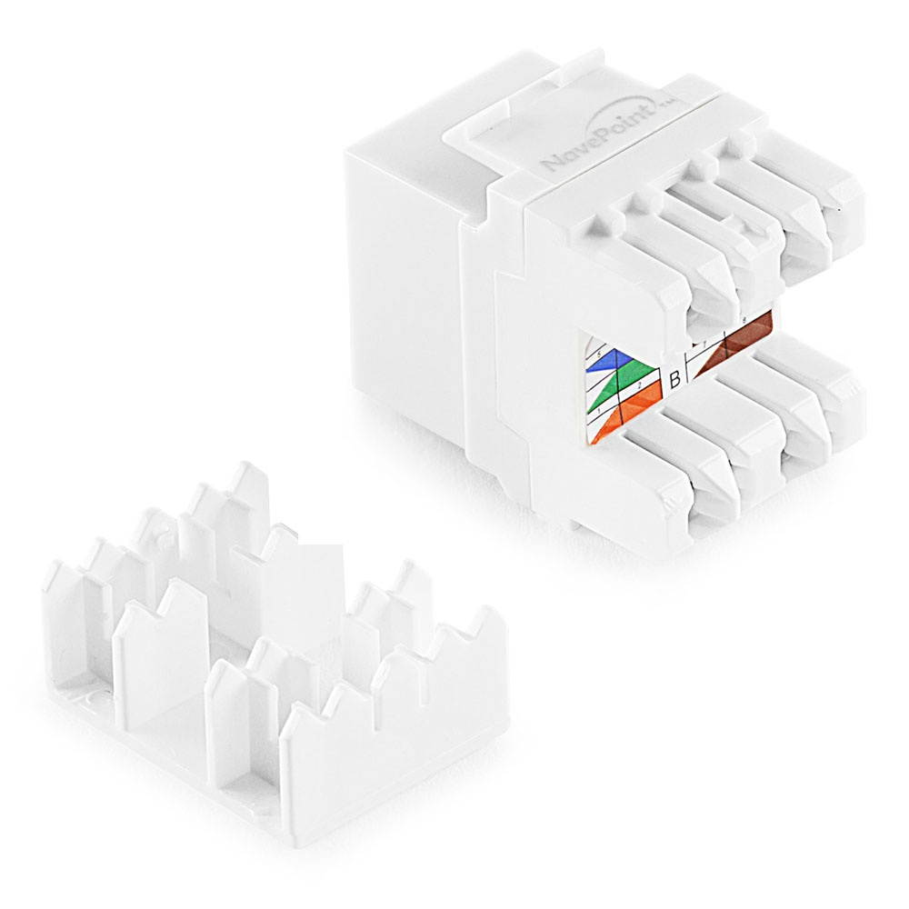 NavePoint 180 Degree Cat5e Keystone Jack, RJ45 Ethernet Connector, Type 110, White 25-Pack