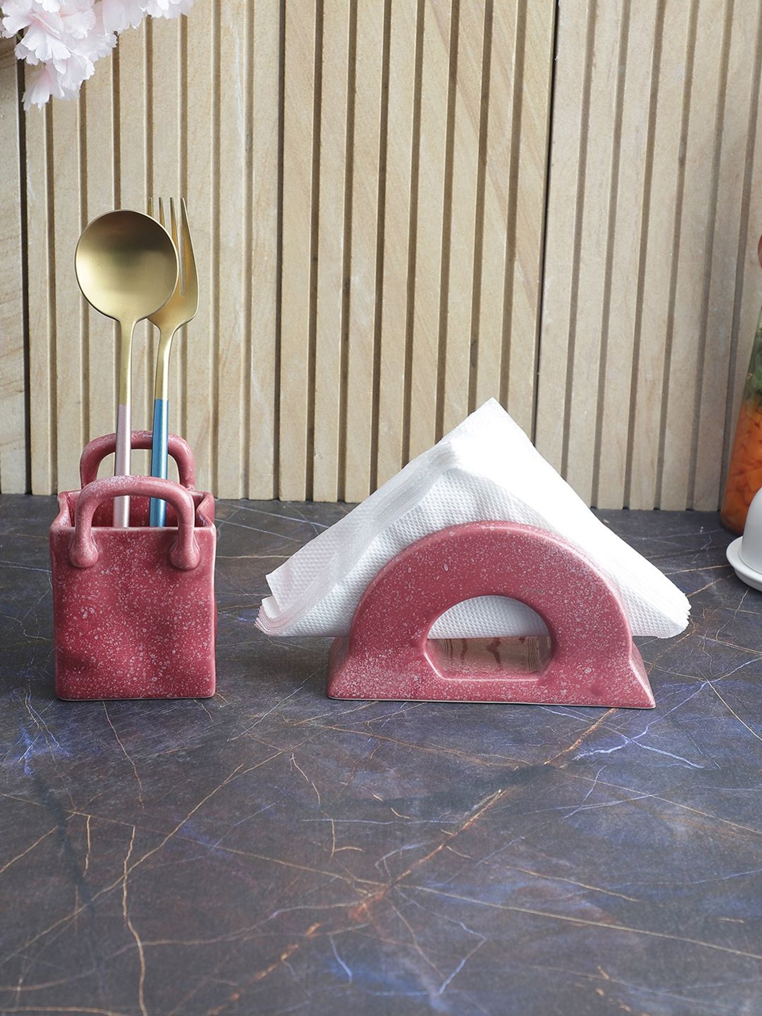 VarEesha Pink Ceramic Cutlery and Napkin Holder - Set of 2