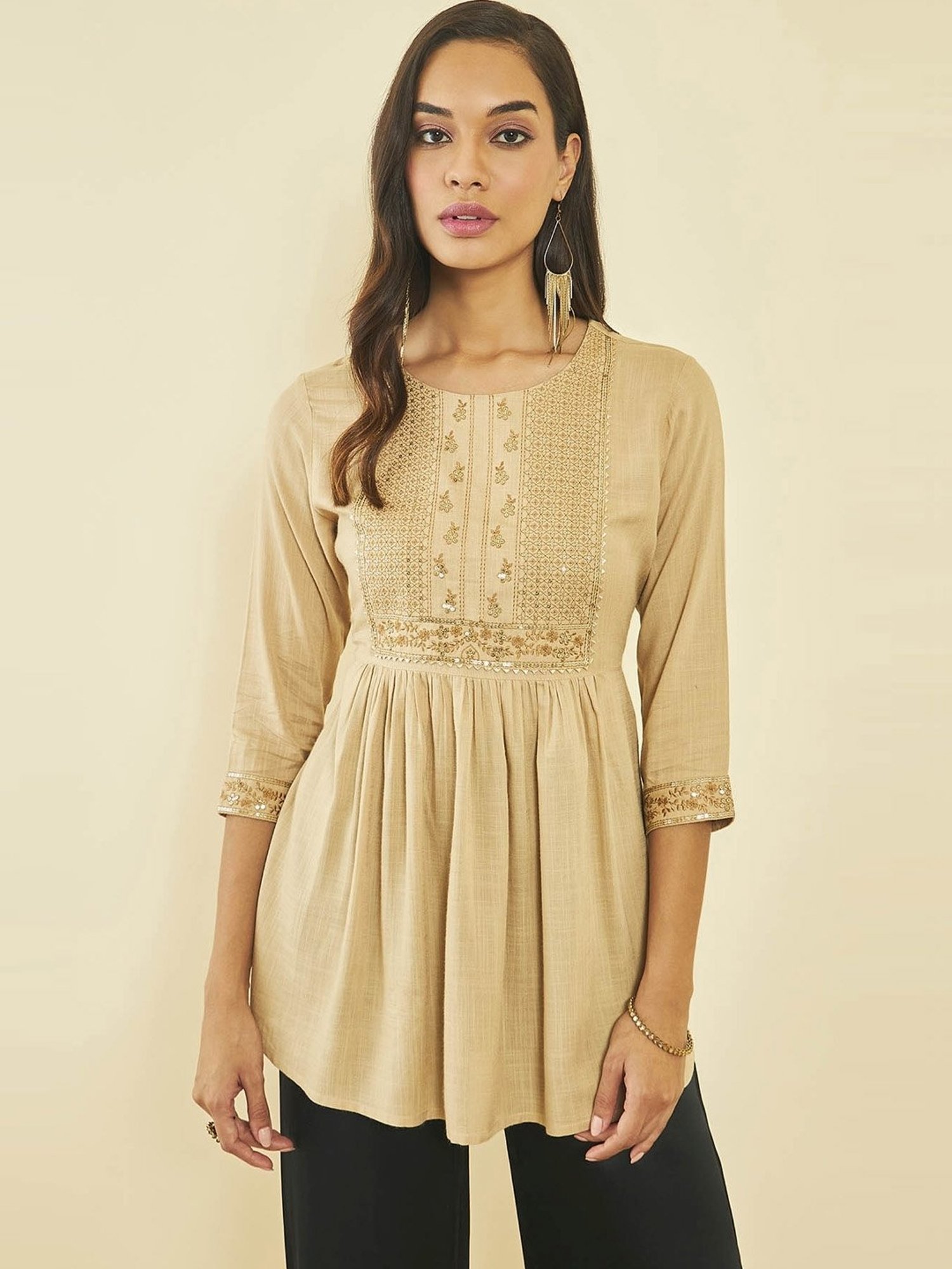 Soch Beige Rayon Slub Floral Embroidered Tunic with Sequin Embellishments