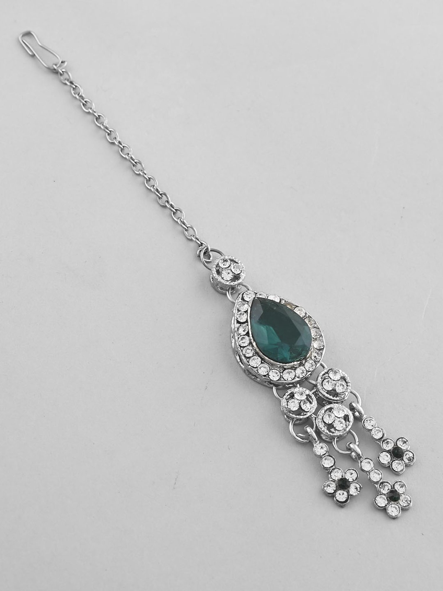 VOJ Silver Plated Cz-Stone Studded with Green Stone Choker Set with Mangtikka for Women