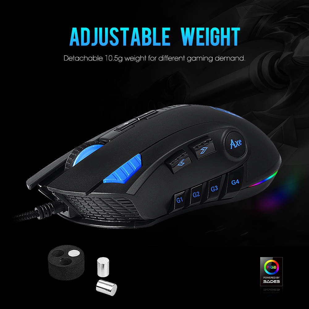 SADES Axe Gaming Mouse 10000 DPI Detachable Weight 12 Buttons Optical RGB Lighting  For FPS&MOBA Gamers