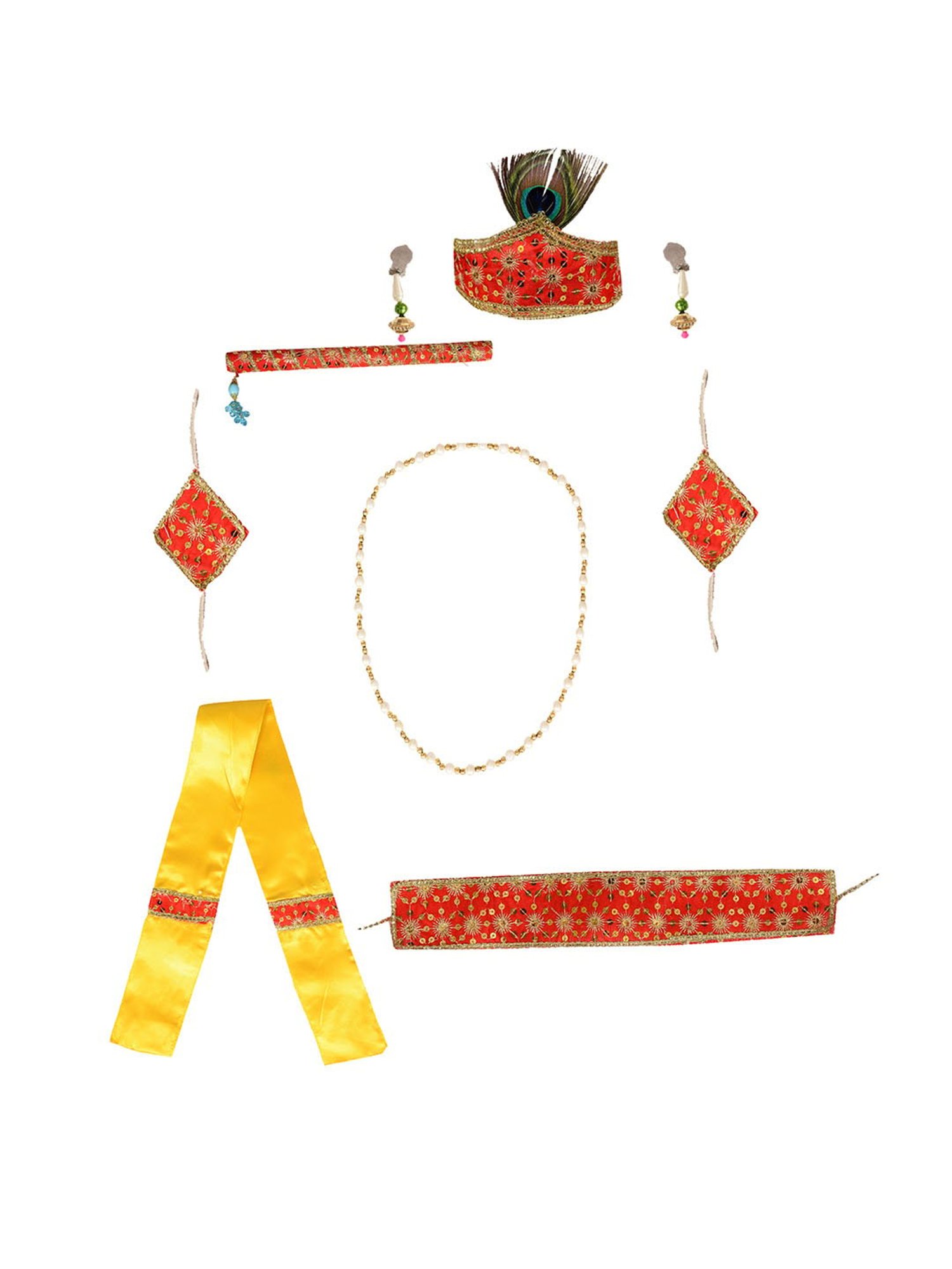 Ahhaaaa Kids Yellow Embroidered Kurta, Dhoti, Pagri, Flute& Set