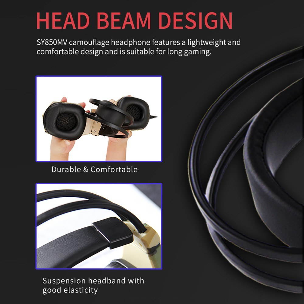 SY850MV Gaming Headset 3.5mm Wired Over Ear Headphones Noise Canceling E-Sport Earphone with Mic LED Light Volume Control AUX+USB for Desktop PC
