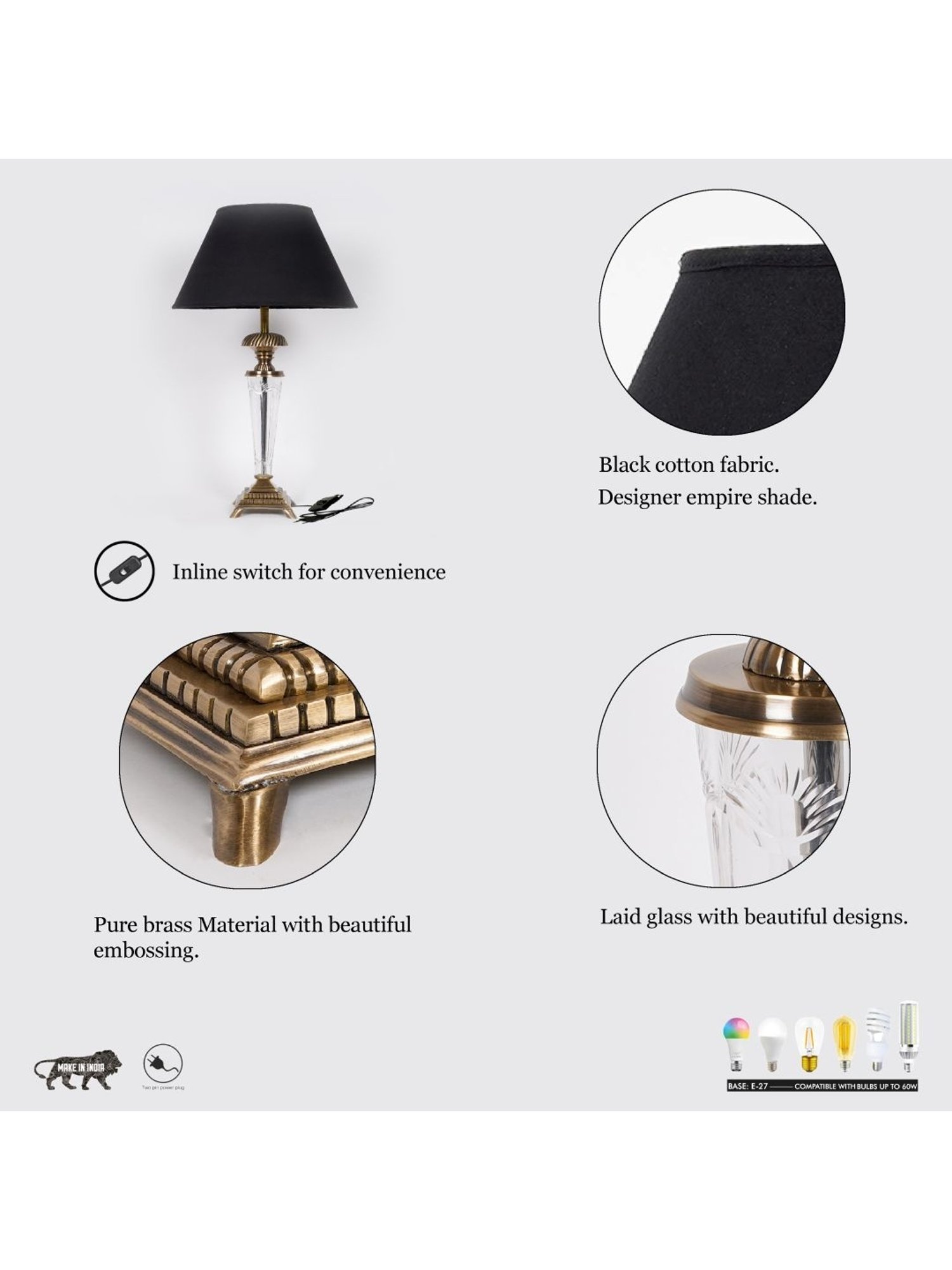 Kapoor Lamp Shades Brass Antique & Black Brass Provence Cotton Shade Table Lamp