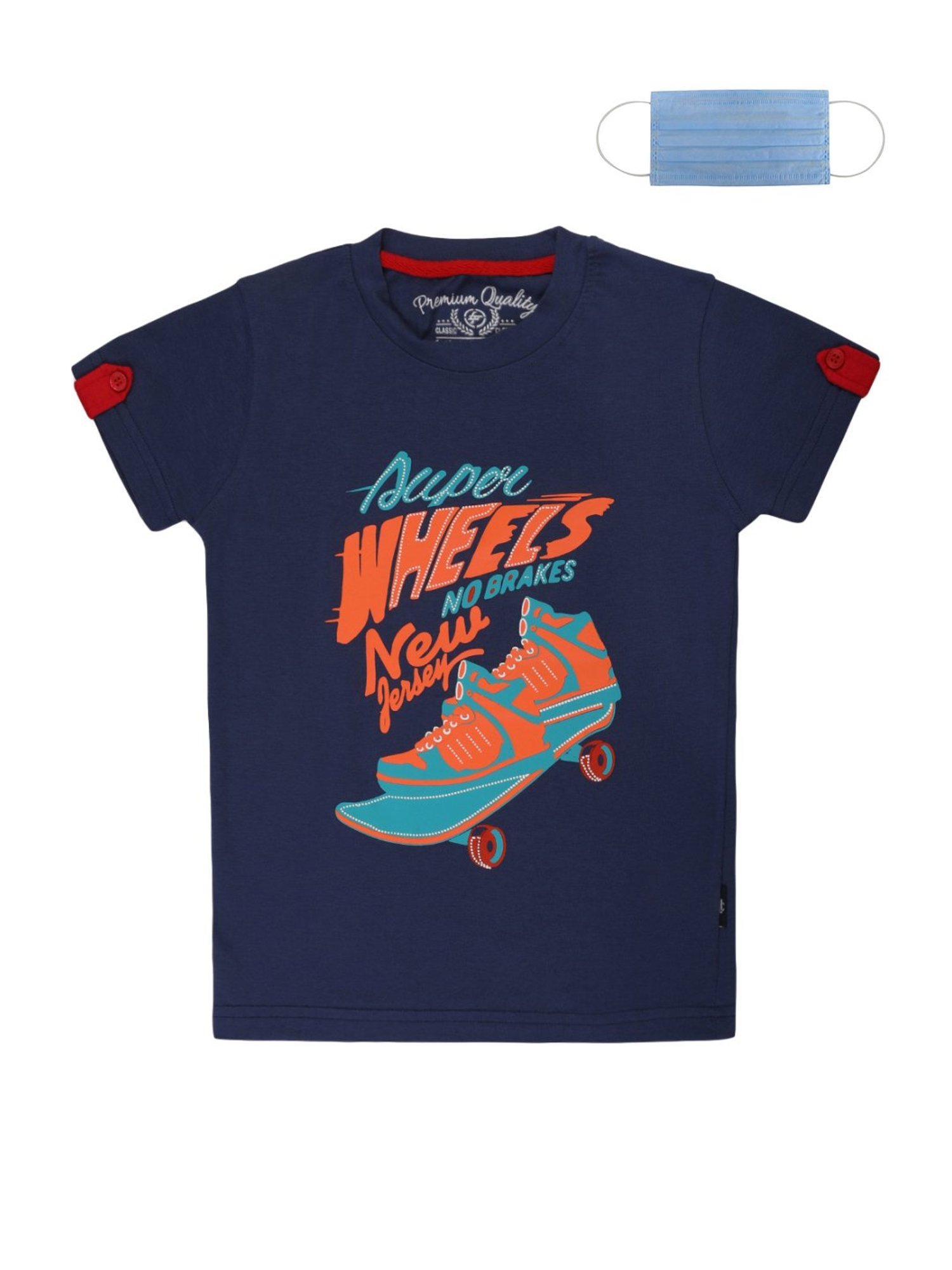 Li'l Tomatoes Kids Navy Cotton Printed T-Shirt & Mask