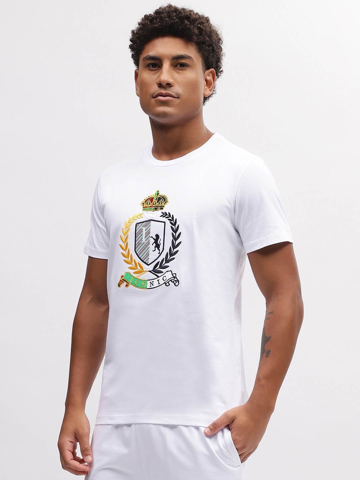 Iconic White Cotton Regular Fit Embroidered T-Shirt