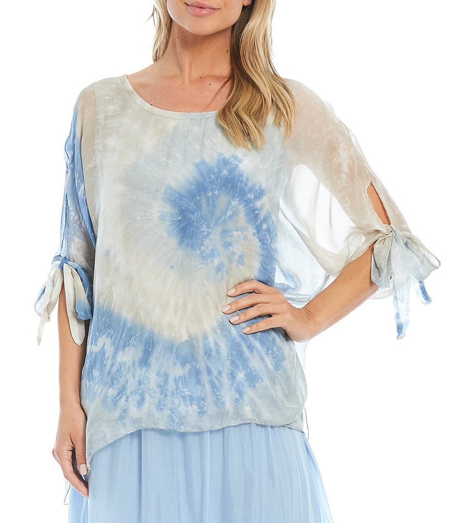 M Made in Italy Jewel Neck Tie Sleeve Tie-Dye Silk Blend Tunic