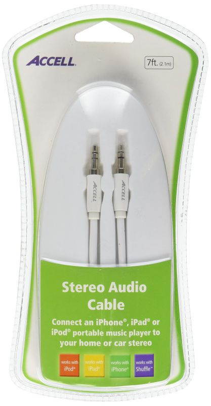 Accell 3.5mm Stereo Audio Cable - 7 Feet, White, 3.5mm (Male) to 3.5mm (Male)