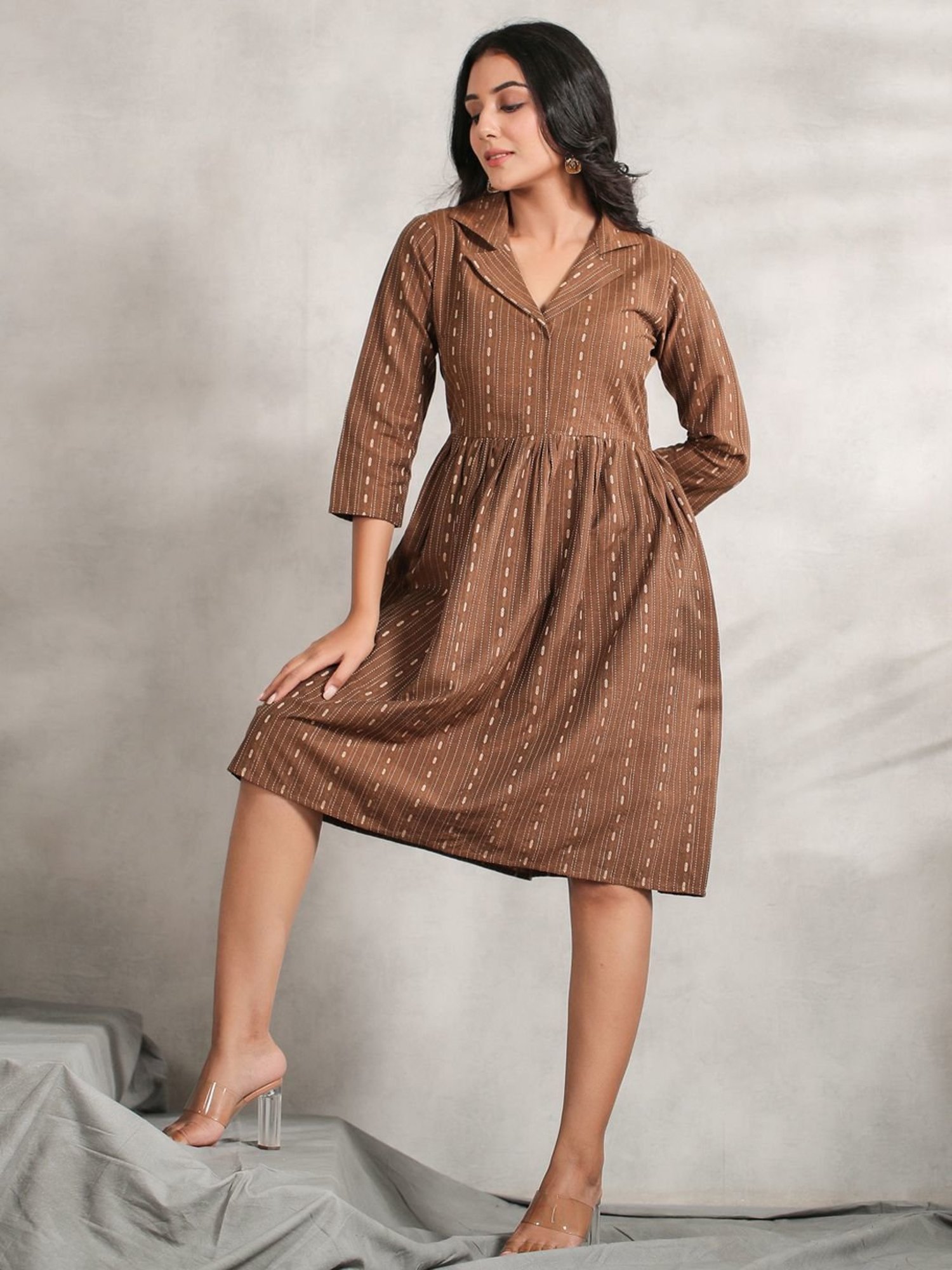 Anubhutee Brown Cotton Printed A-Line Dress
