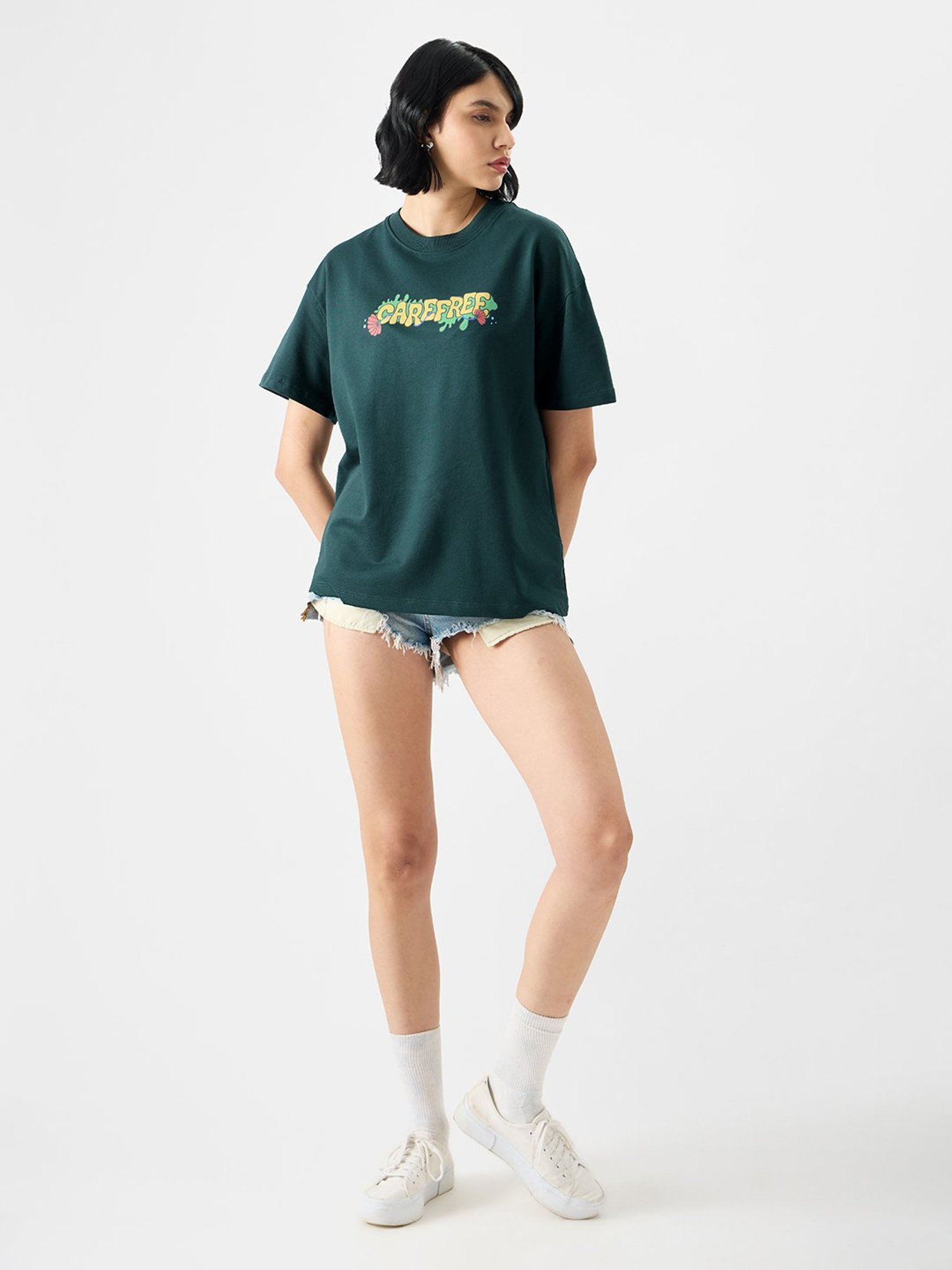 The Souled Store Dark Green Cotton Graphic Print Oversized T-Shirt