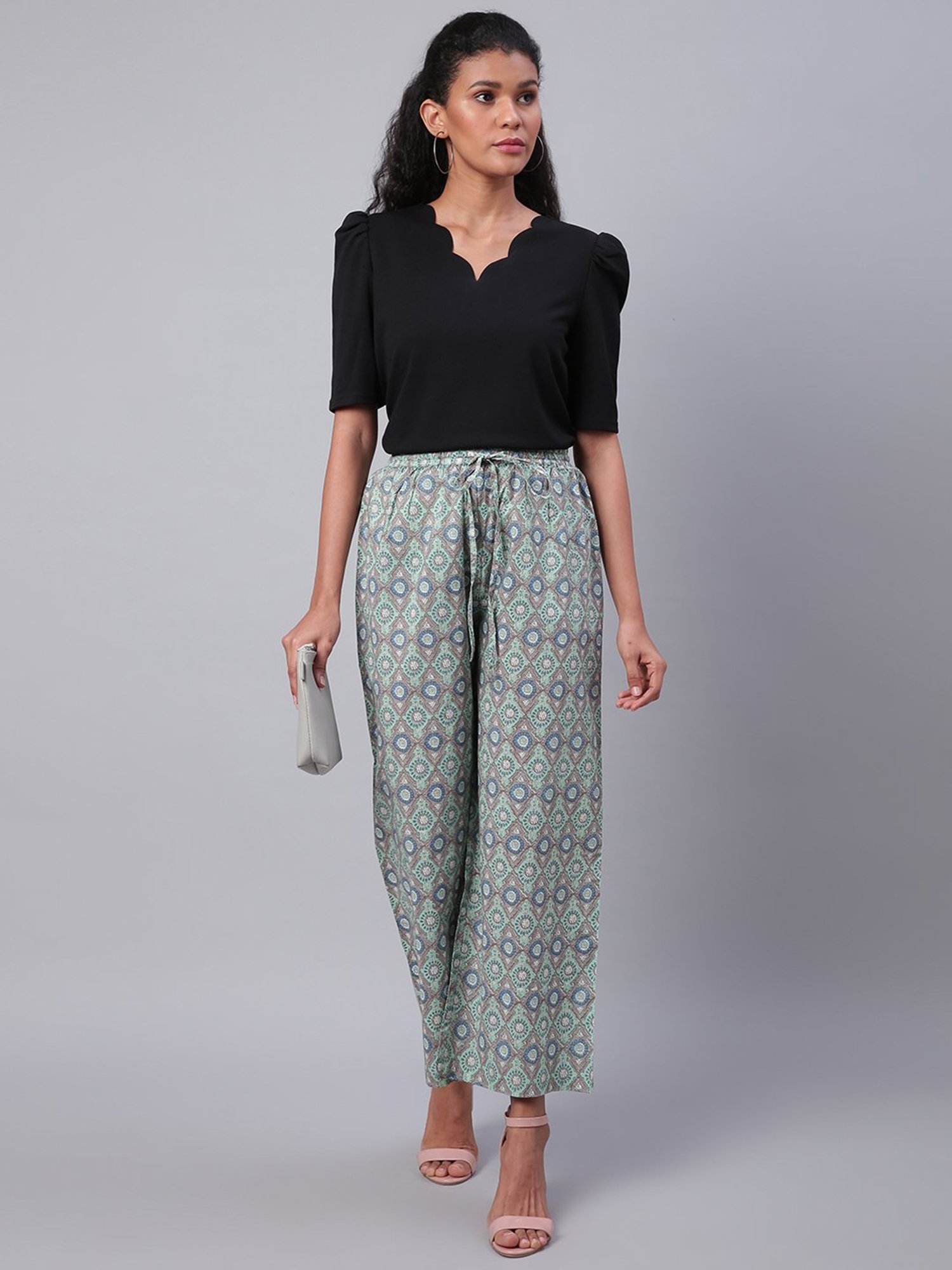 Sringam Grey Cotton Printed Palazzos