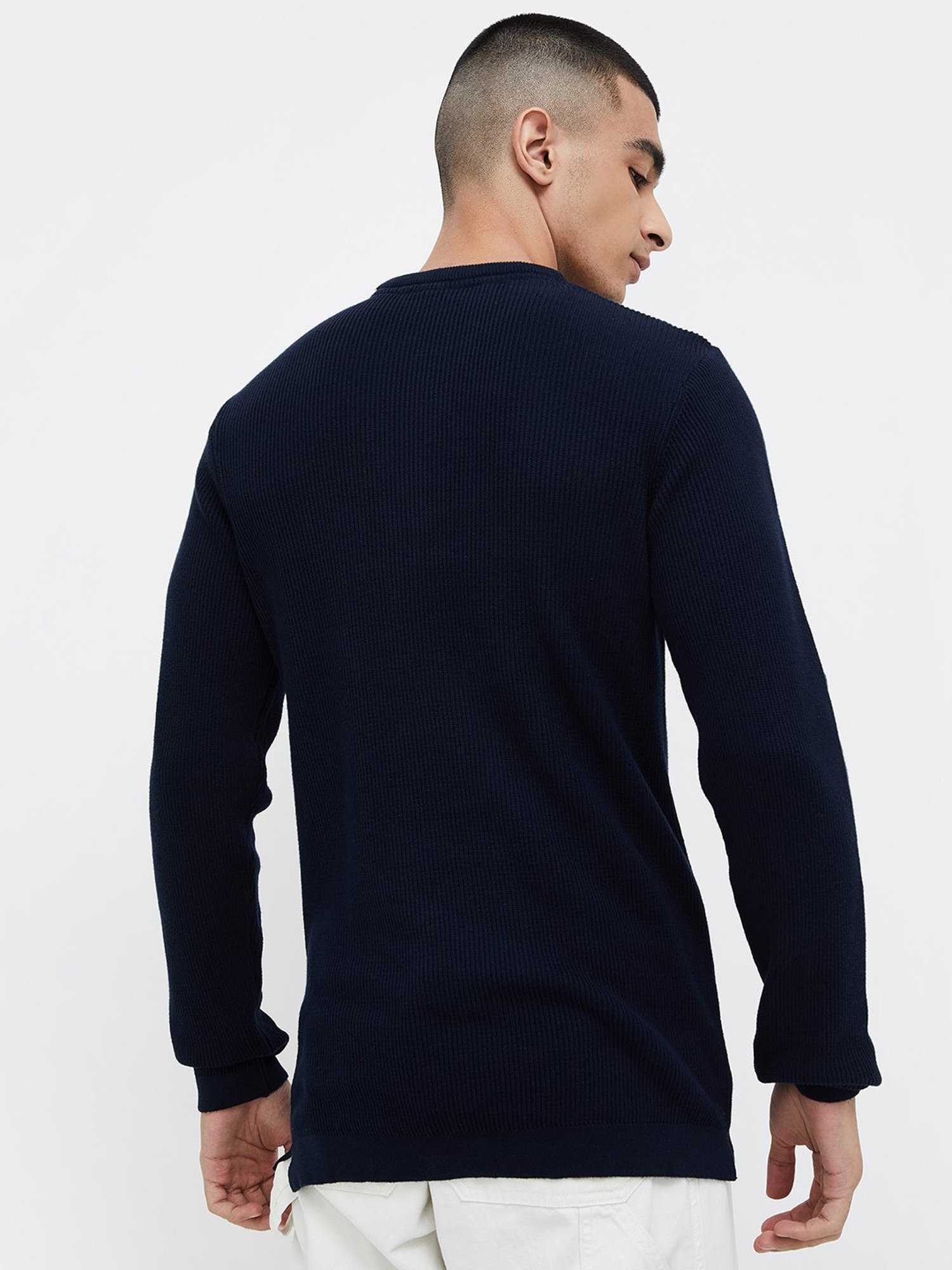 Forca by Lifestyle Navy Regular Fit Self Design Crew T-Shirt