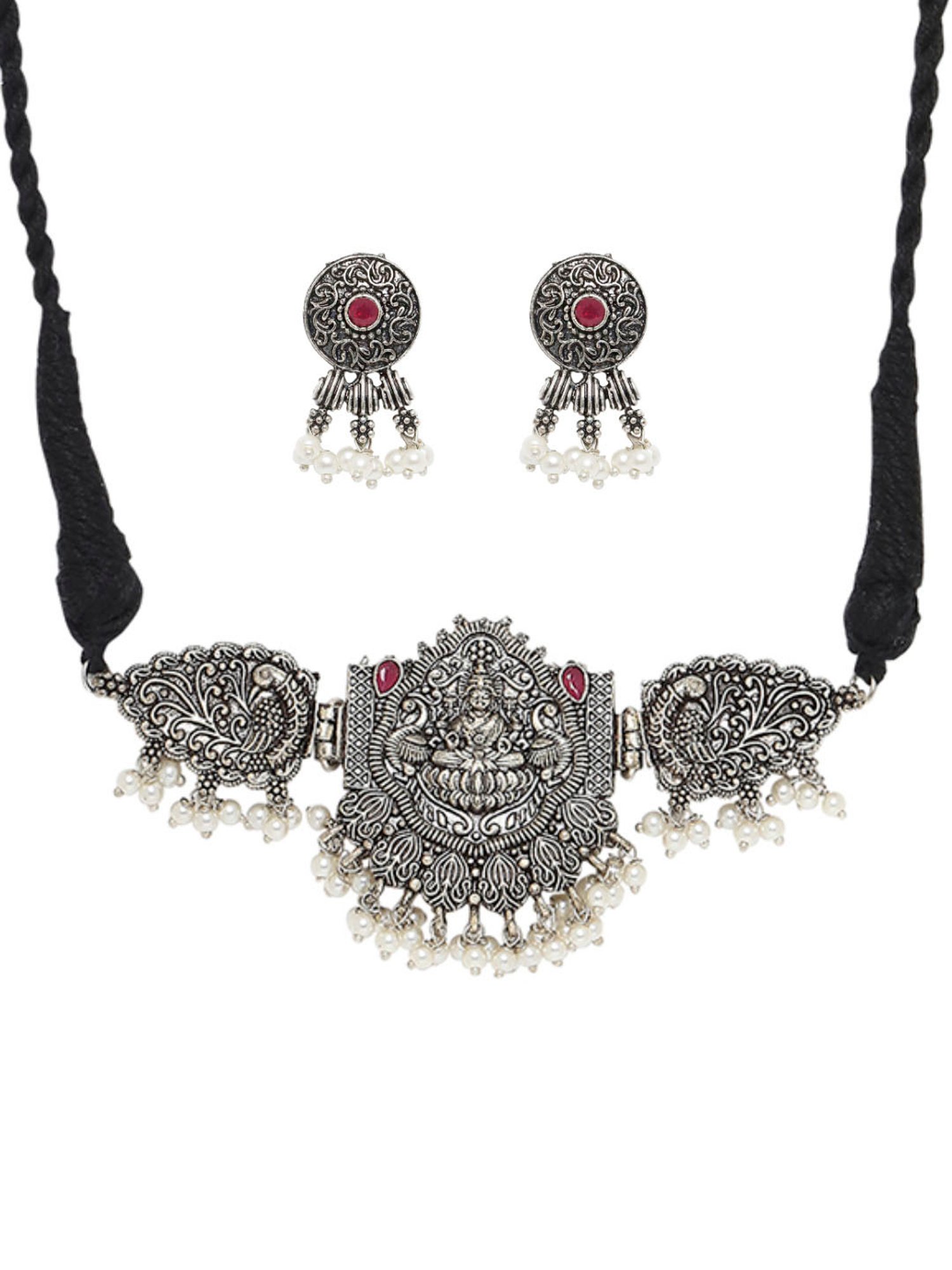 OOMPH Oxidized Silver Look Alike Maroon Stone StoneChoker Necklace Set with Drop Earrings