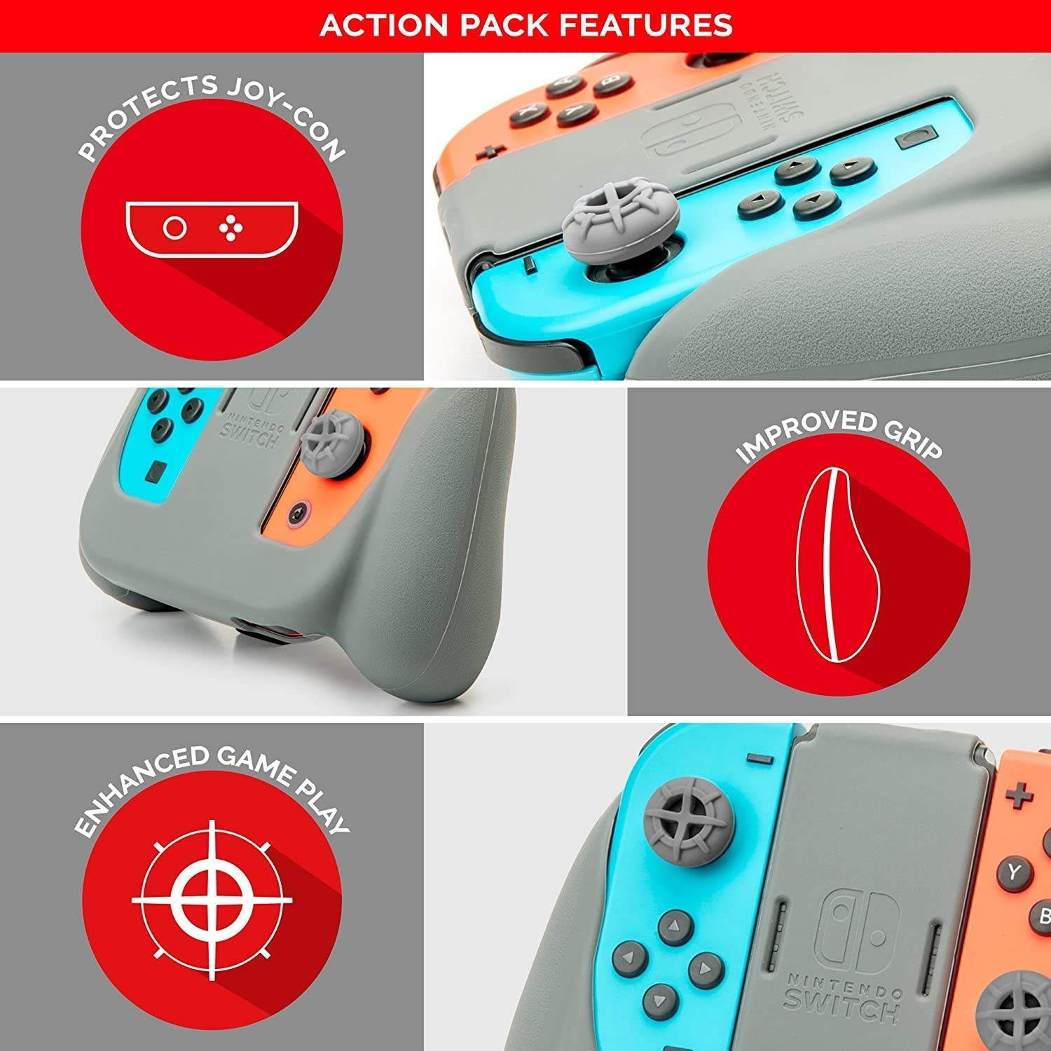Officially Licensed Nintendo Switch Joy-Con Action Pack Grip and Thumb Buttons &ndash; Neon Red Textured Silicone