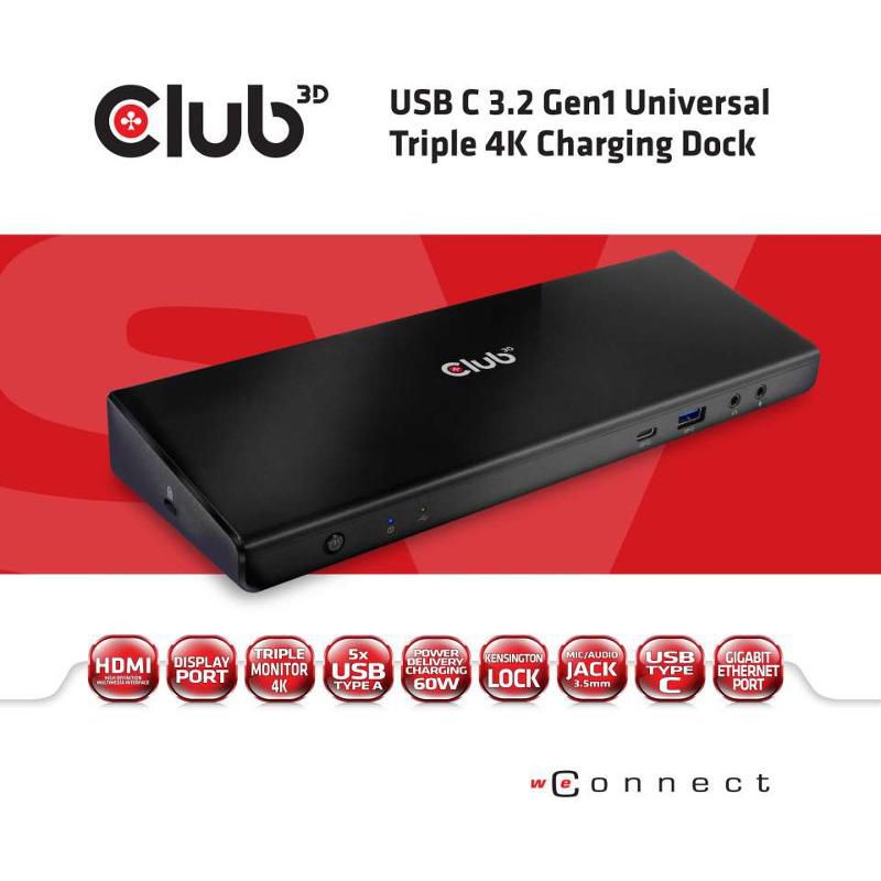 Club 3D USB C 3.2 Gen1 Universal Triple 4K Charging Dock - for Notebook/Tablet/Smartphone - 60 W - USB 3.2 (Gen 1) Type C - 6 x USB Ports