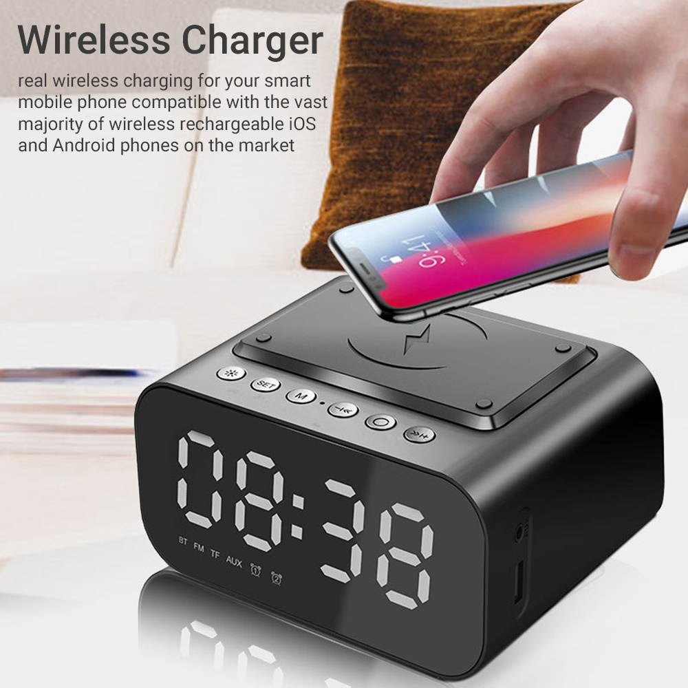KKmoon BT Speaker LED Digital Clock Multifunctional Sound Box Wireless Charger Desk Clock FM Radio Wireless Charging Device Alarm Clock for Home Office Dormitory