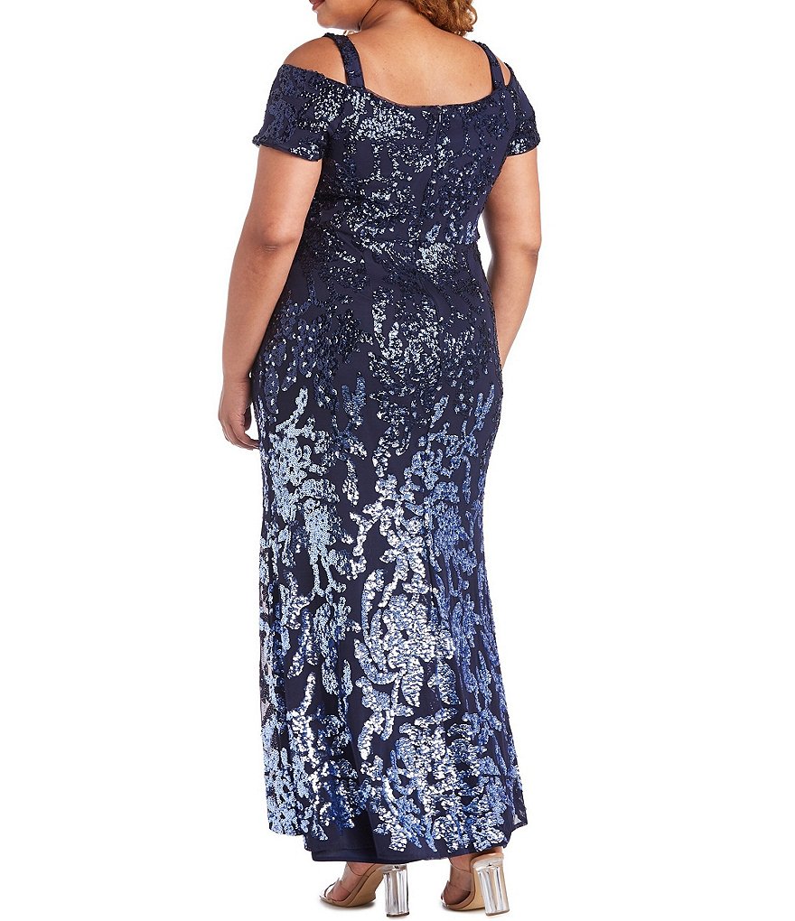 R & M Richards Plus Size Cold Shoulder Short Sleeve Square Neck Beaded Ombre Mermaid Gown