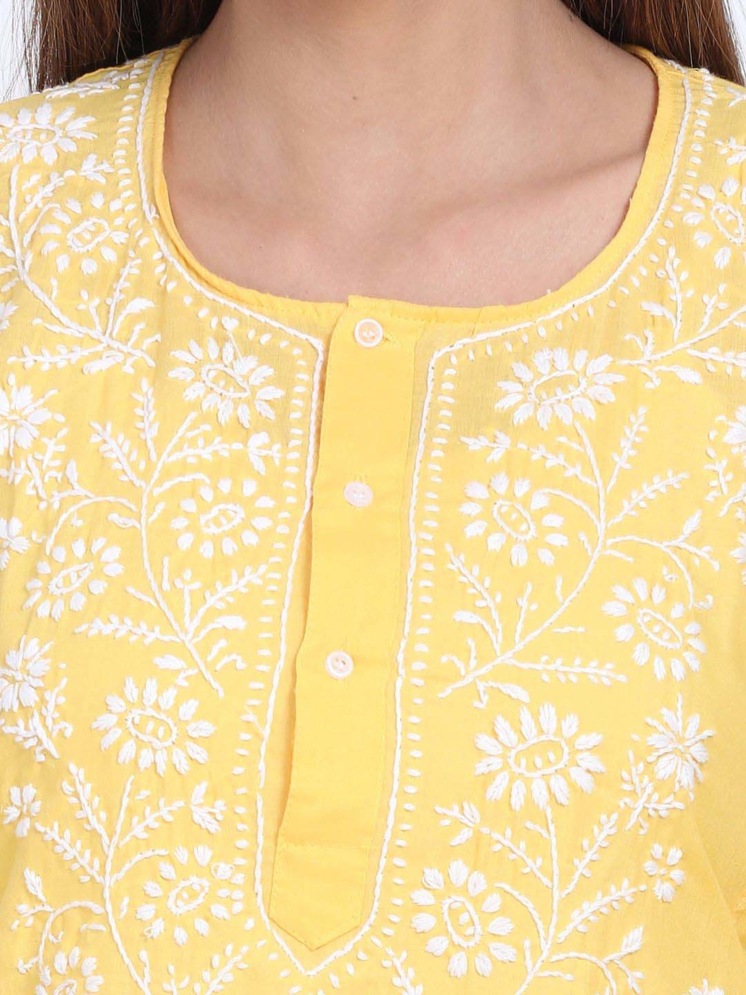 PARAMOUNT CHIKAN Yellow Cotton Chikankari Straight Kurti