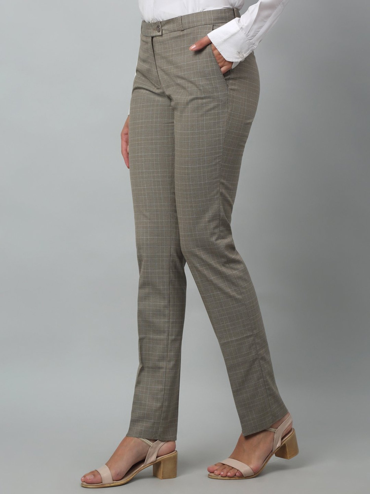 Crozo By Cantabil Brown Checks Regular Fit Mid Rise Trousers