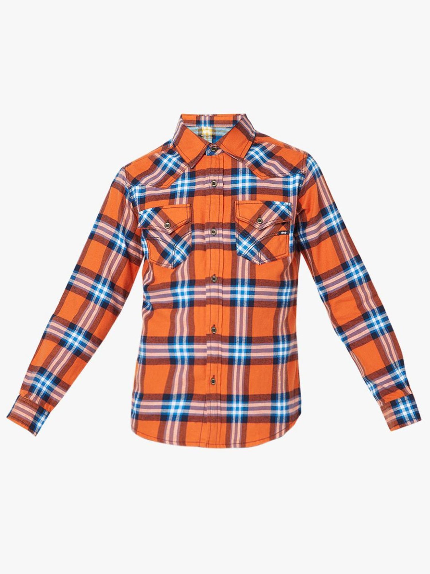 GAS Kids Orange & Blue Cotton Chequered Full Sleeves Shirt