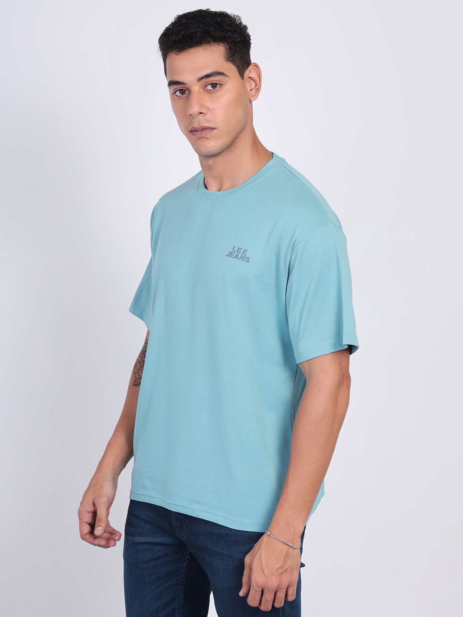 Lee Blue Loose Fit Printed Cotton Oversized Crew T-Shirt