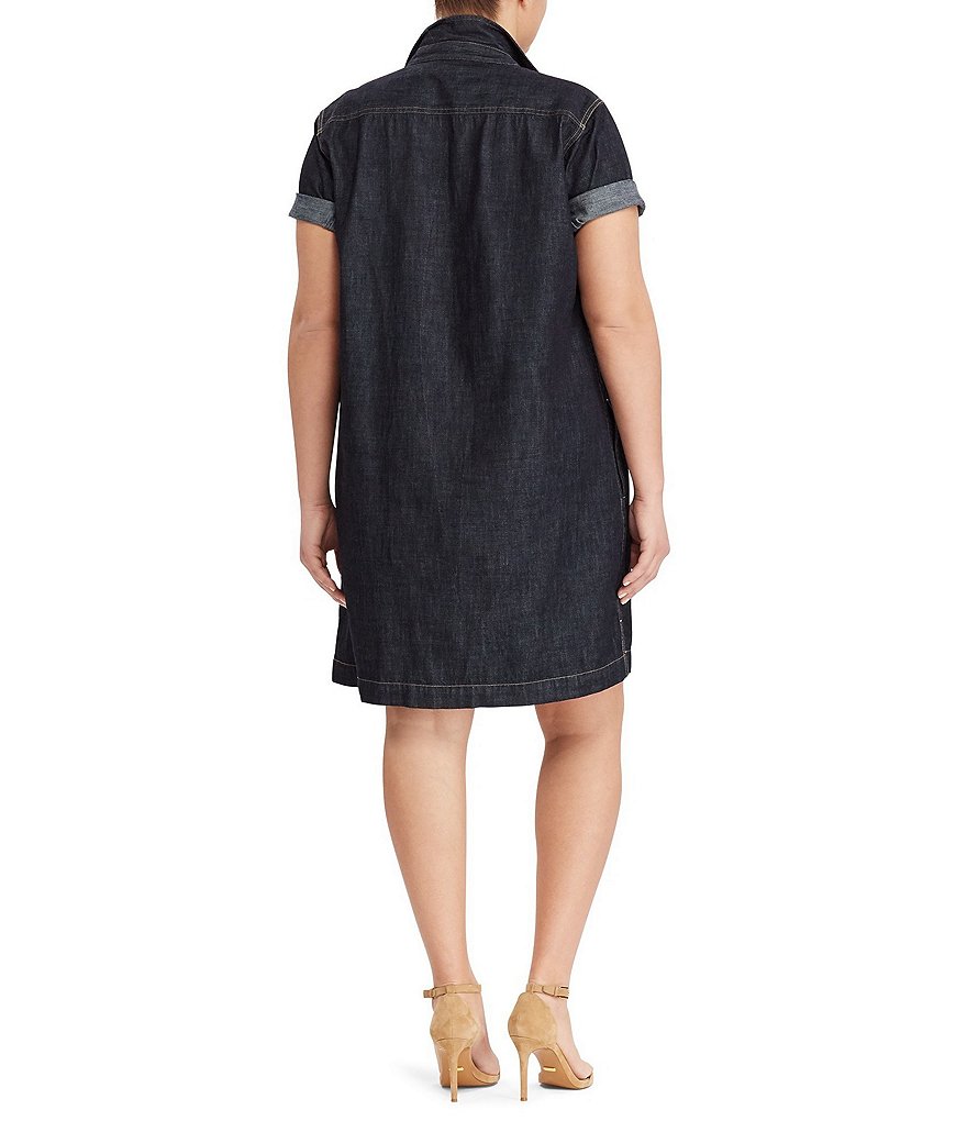 Lauren Ralph Lauren Plus Split Point Collar Neck Short Sleeve Denim Shift Dress