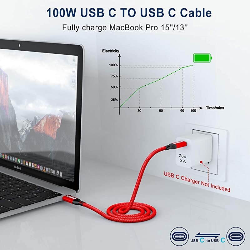 USBC to USBC 100W Cable 10ft USB C Braided Fast Charging Cable Compatible with MacBook Pro 202020192018 iPad Pro 202020192018Samsung Galaxy Note 20Pixelbook and TypeC Laptops Red