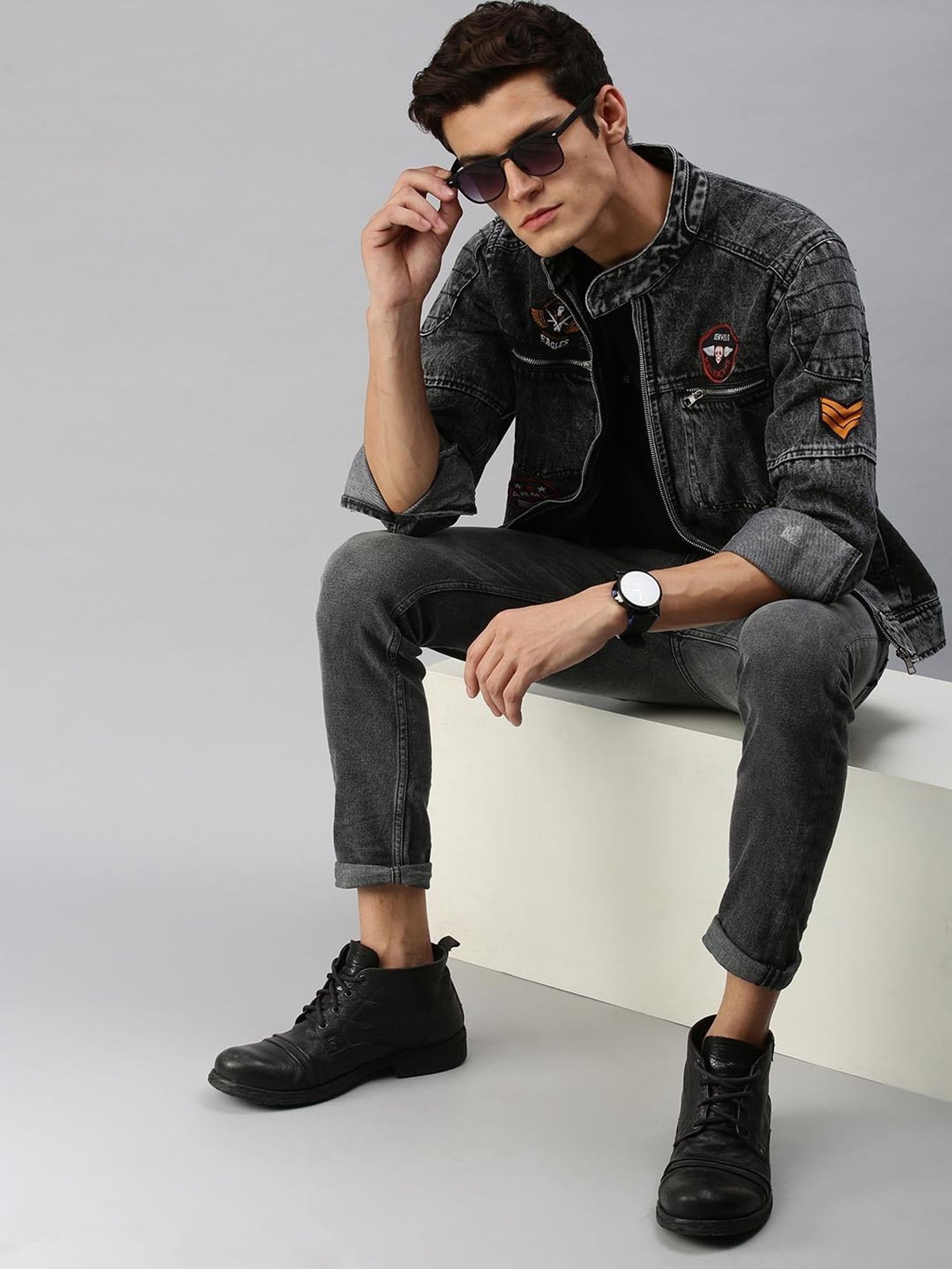 VOXATI Grey Full Sleeves Mandarin Collar Denim Jacket