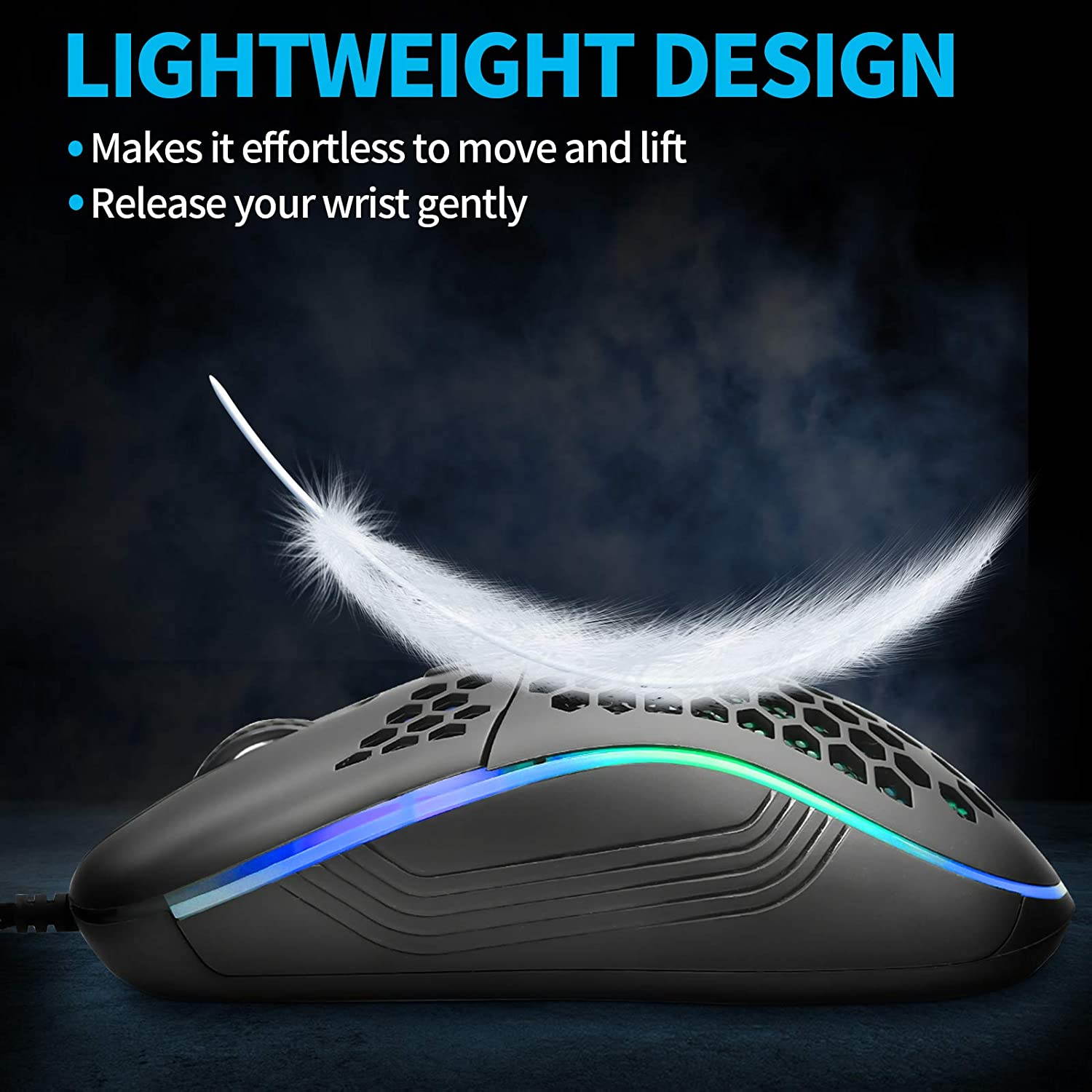 Honeycomb Wired Gaming Mouse, RGB Backlight and 7200 Adjustable DPI, Ergonomic and Lightweight USB Computer Mouse with High Precision Sensor for Windows PC & Laptop Gamers