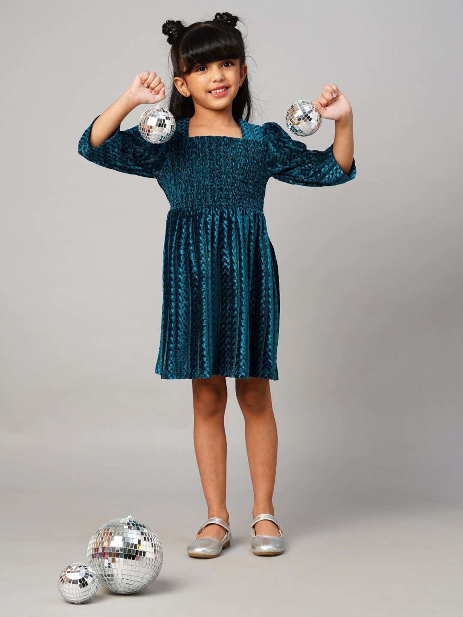 Lil Drama Kids Teal Blue Self Pattern Dress