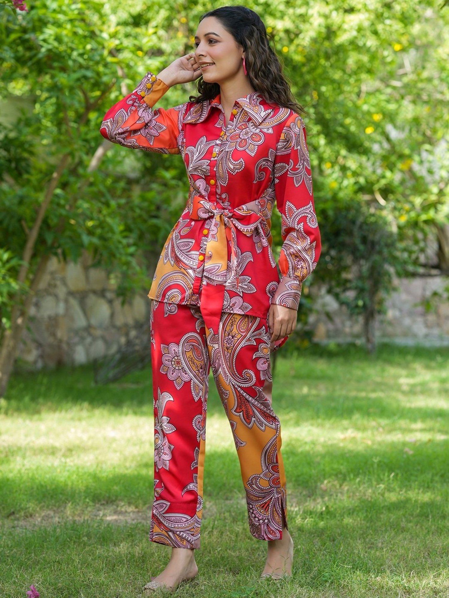 Yufta Red Printed Shirt Pant Set