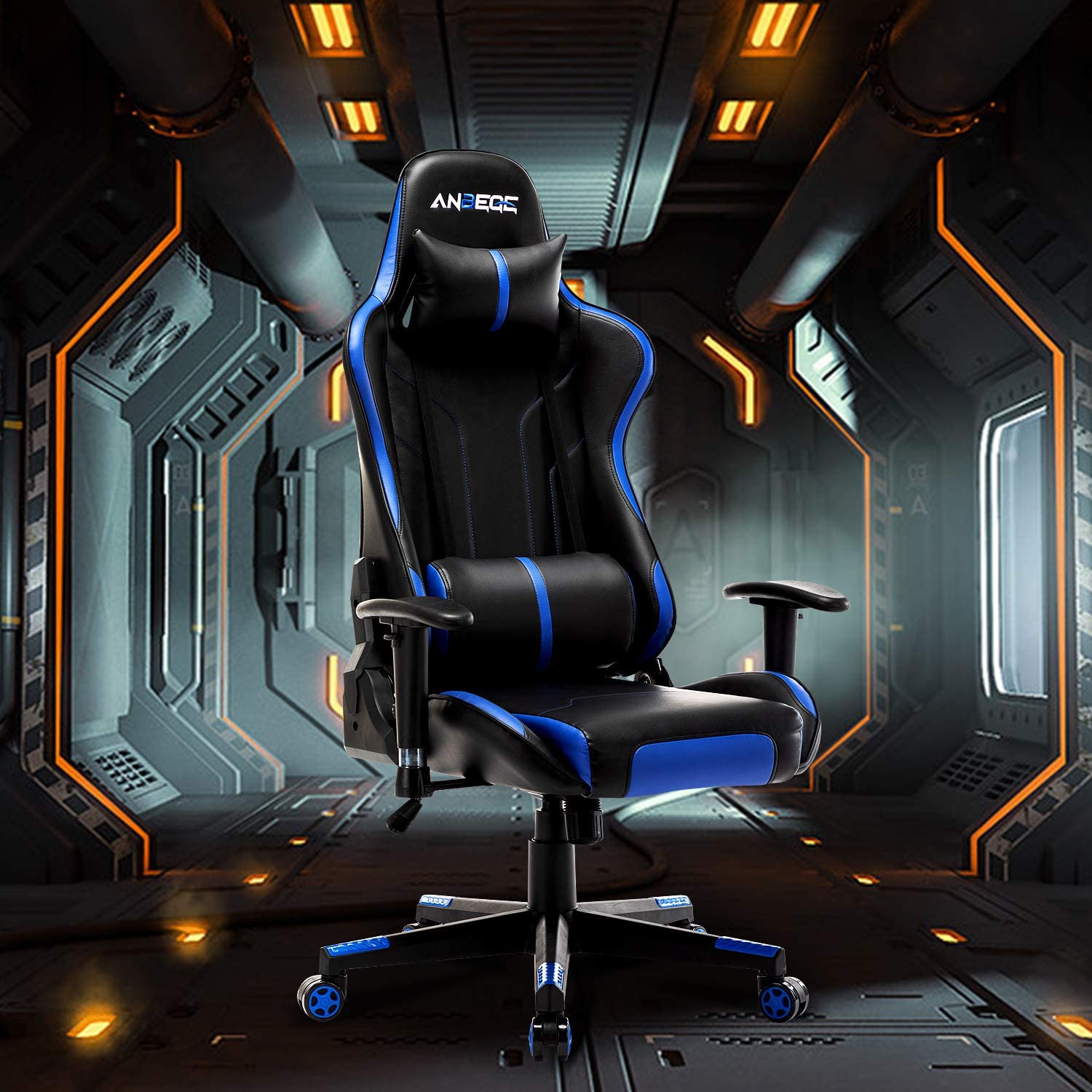 Gaming Chair Ergonomic Racing Style Game Chair Height Adjustable High Back with Massage Headrest and Lumbar Pillow Computer Chair (Blue)